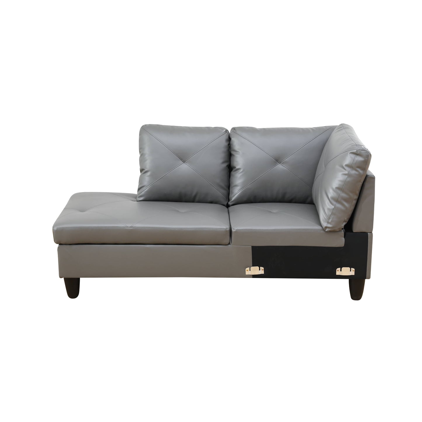 Gray faux leather sectional sofa with diamond tufting