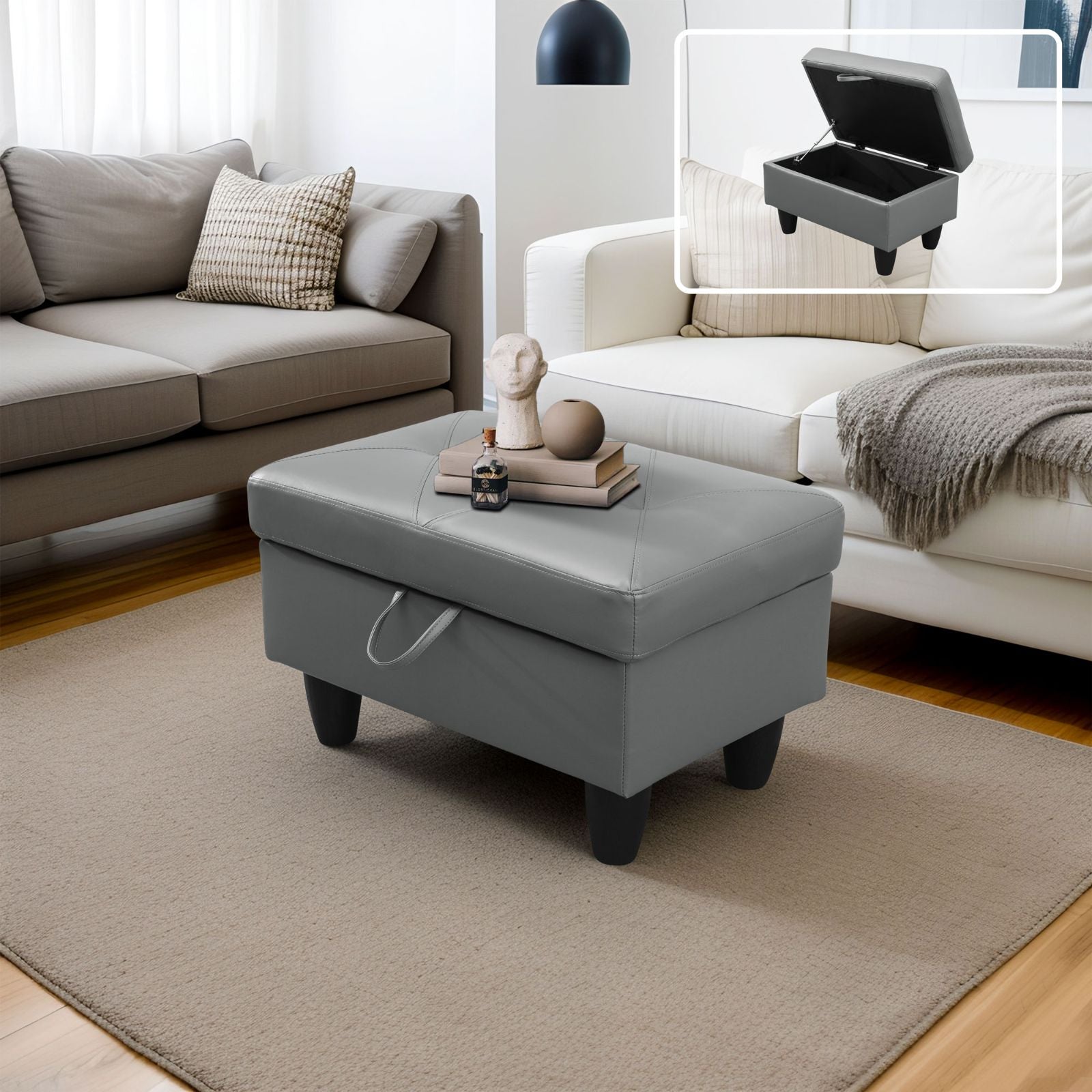 Gray upholstered ottoman with diamond stitching and hidden storage
