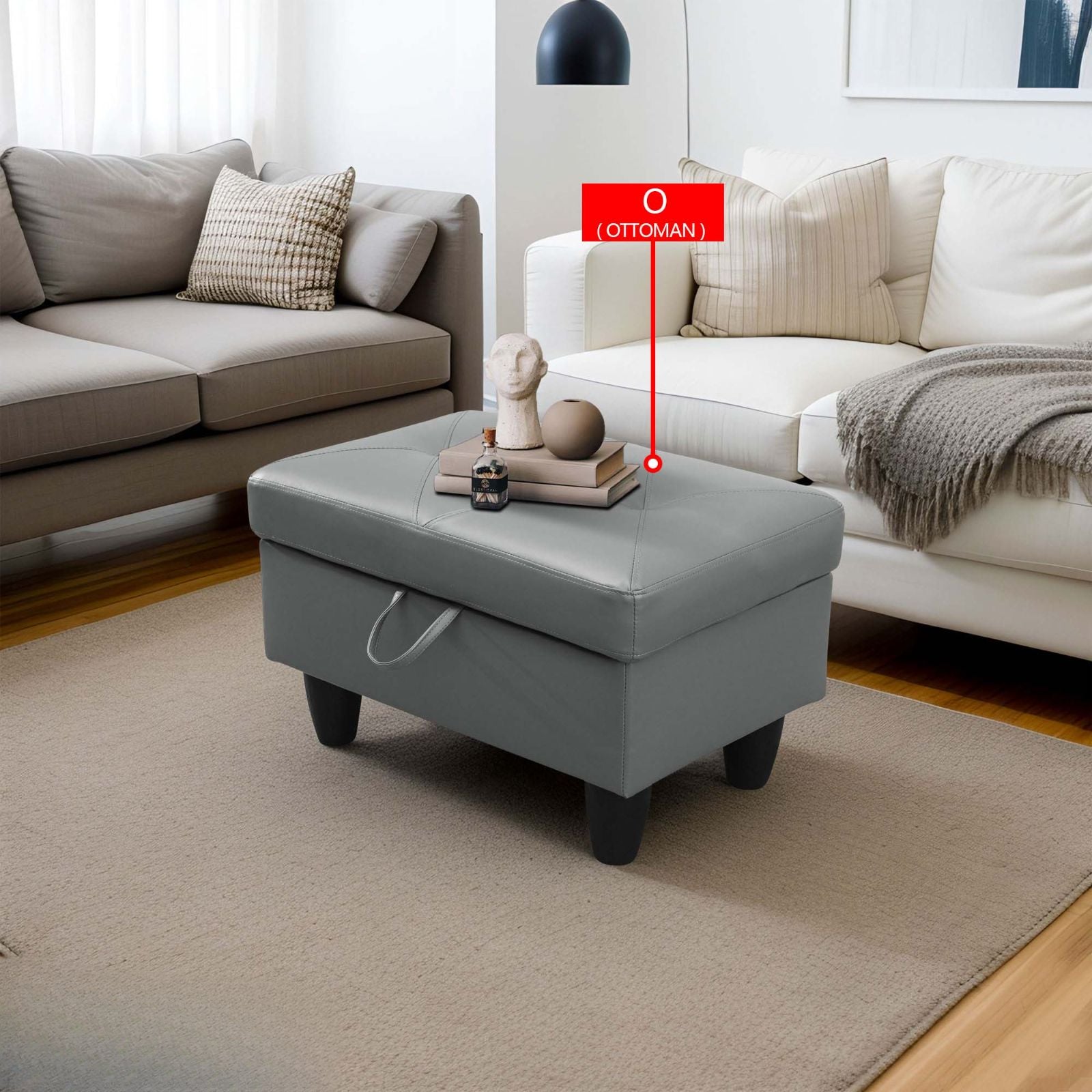 Gray faux leather storage ottoman with tufted top and black legs