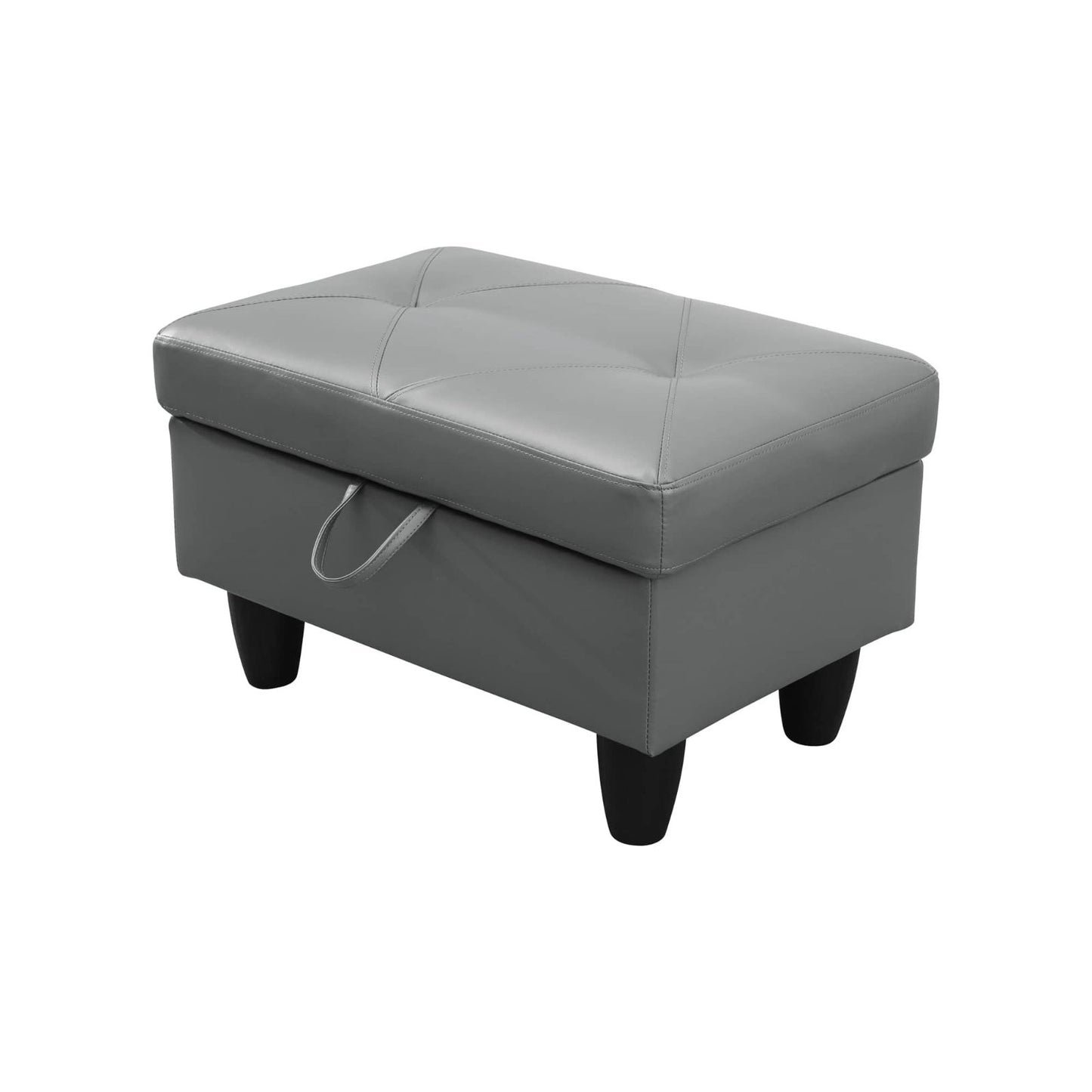 Gray faux leather storage ottoman with tufted top and convenient handle