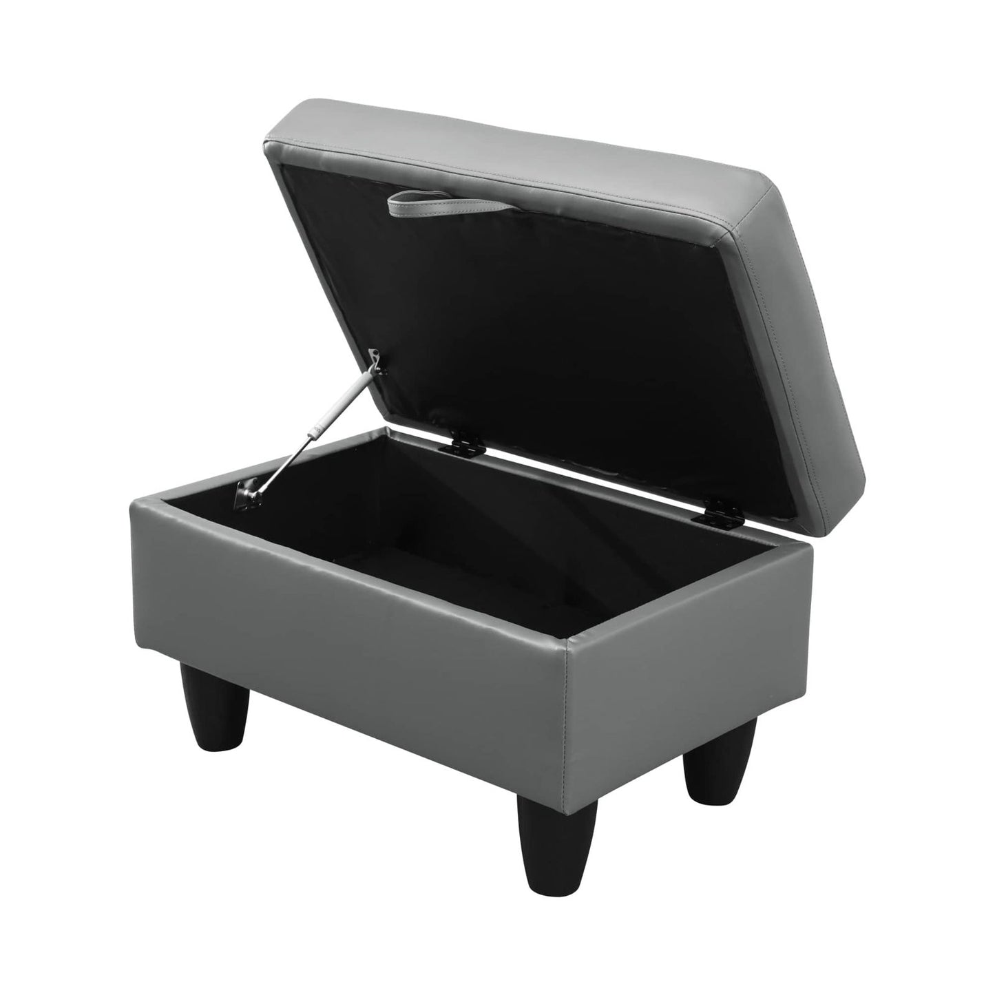 Gray faux leather storage ottoman with lifttop lid open