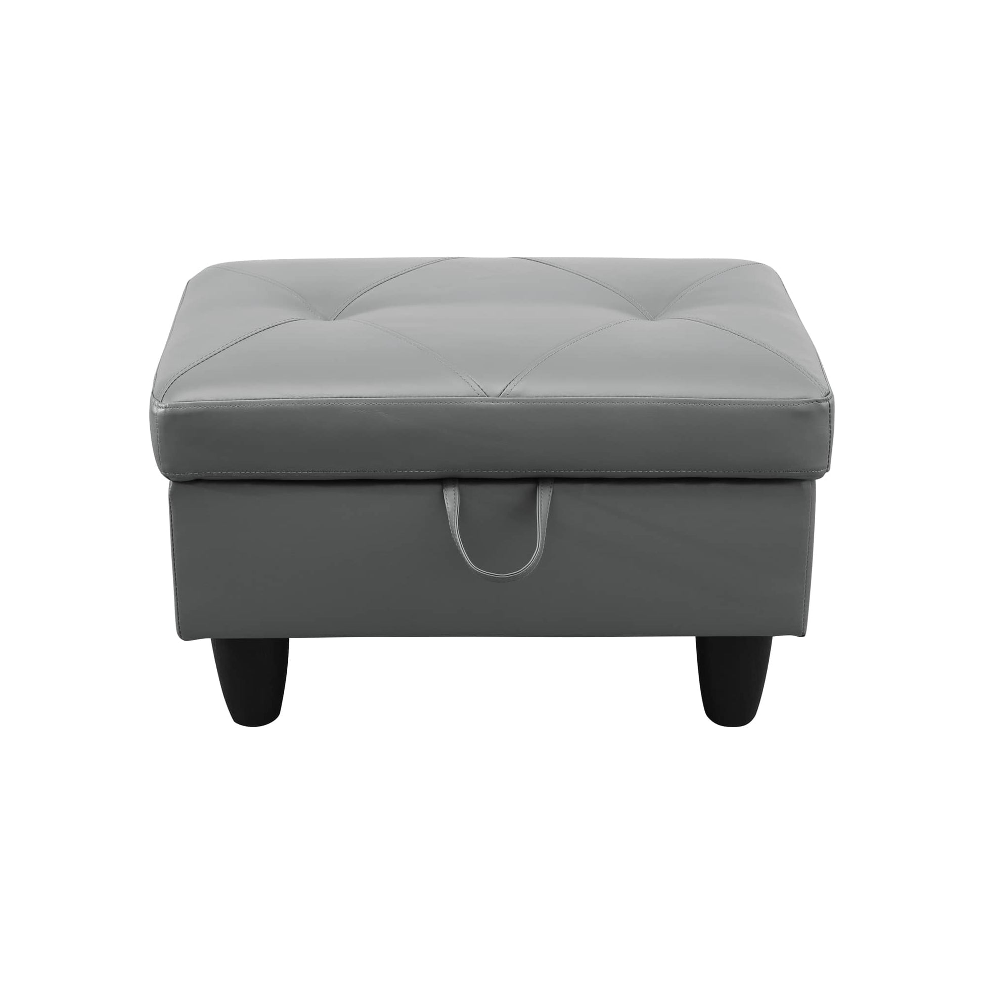 Gray faux leather storage ottoman with tufted lid and front pull tab