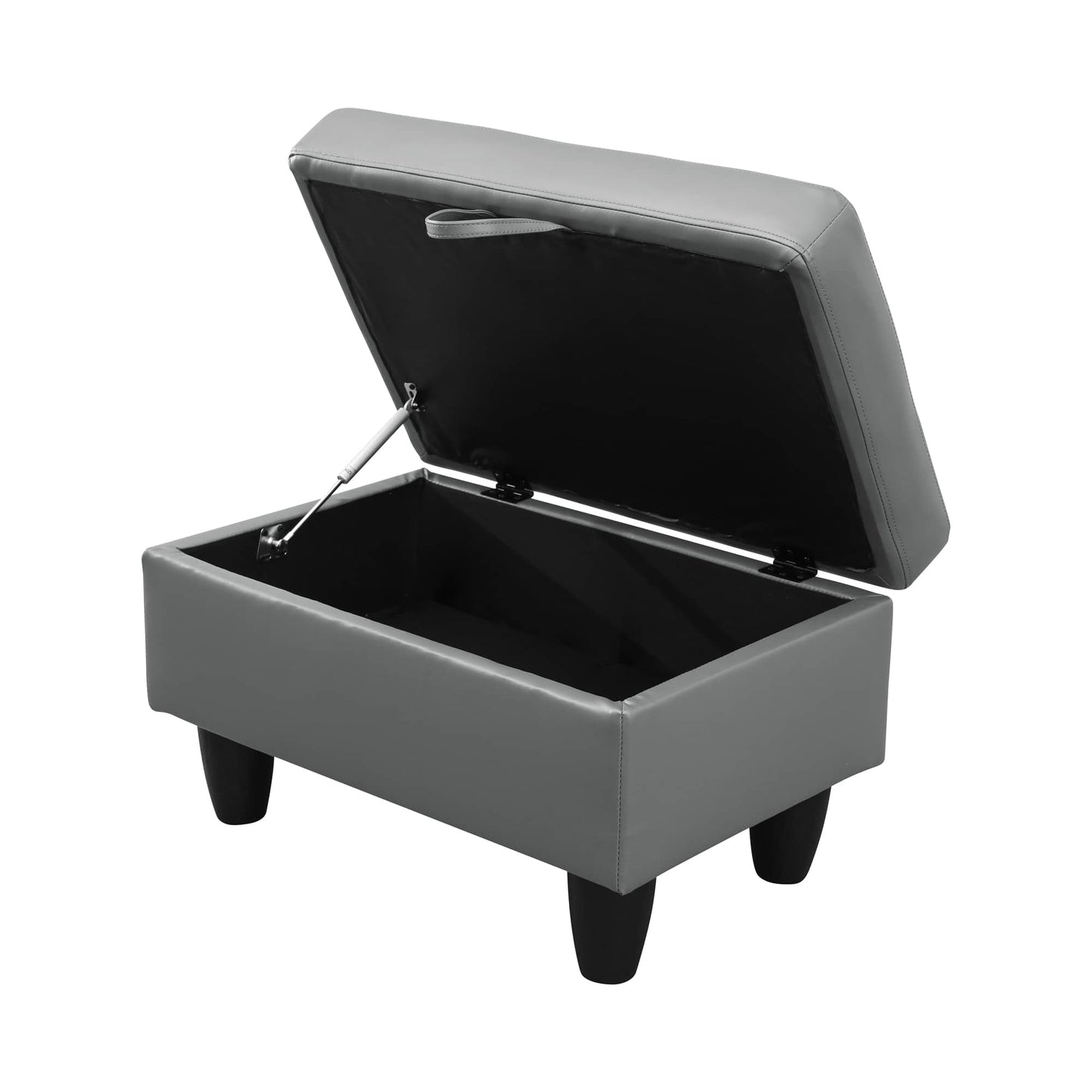 Grey faux leather storage ottoman with hinged lid and black tapered legs