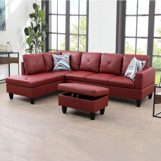 Red tufted leather sectional sofa with matching ottoman