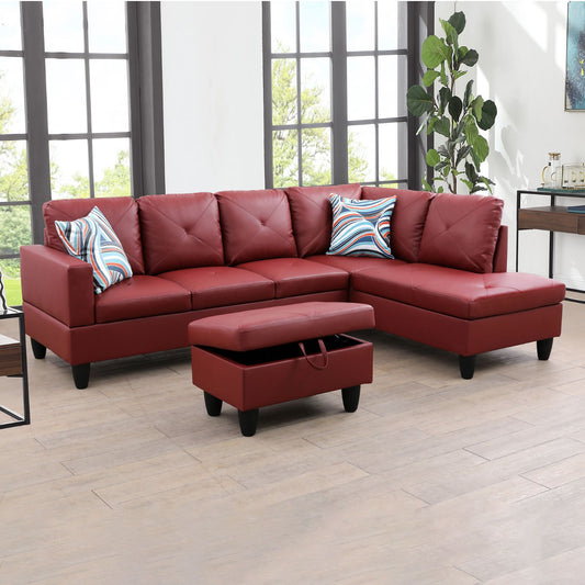 Red leather sectional sofa with tufted cushions and a storage ottoman Modern sectional sofa for living room
