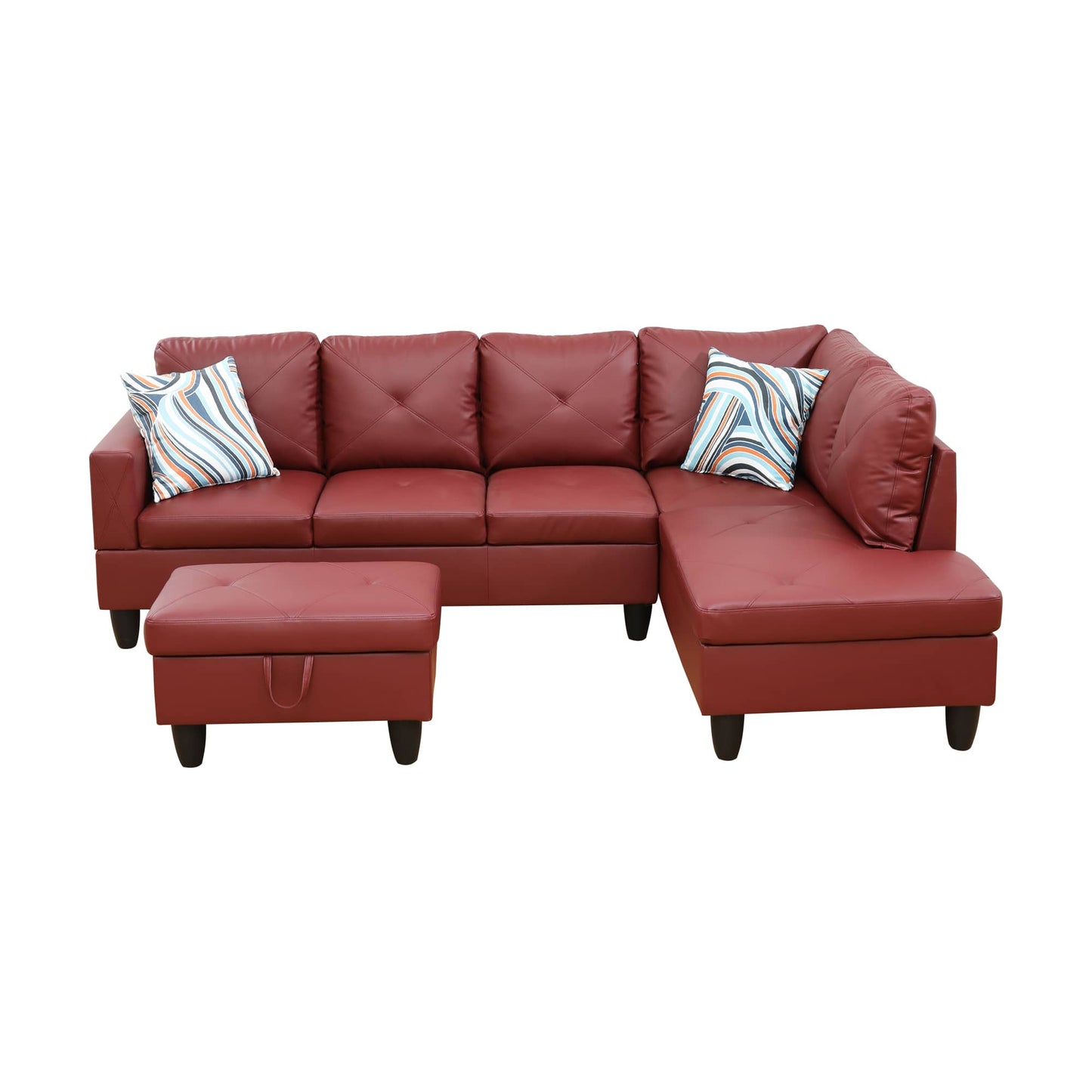 Red faux leather sectional sofa with matching ottoman and striped pillows