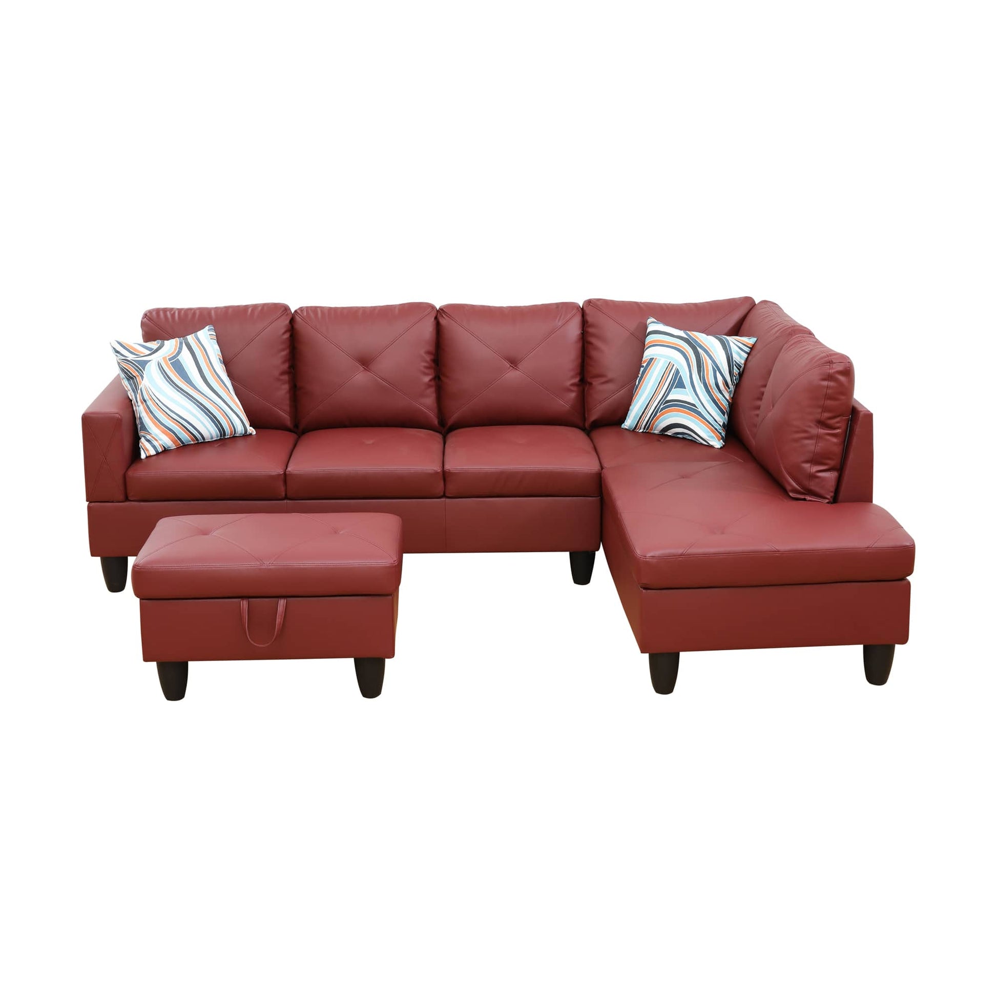 Red faux leather sectional sofa with matching ottoman and striped pillows