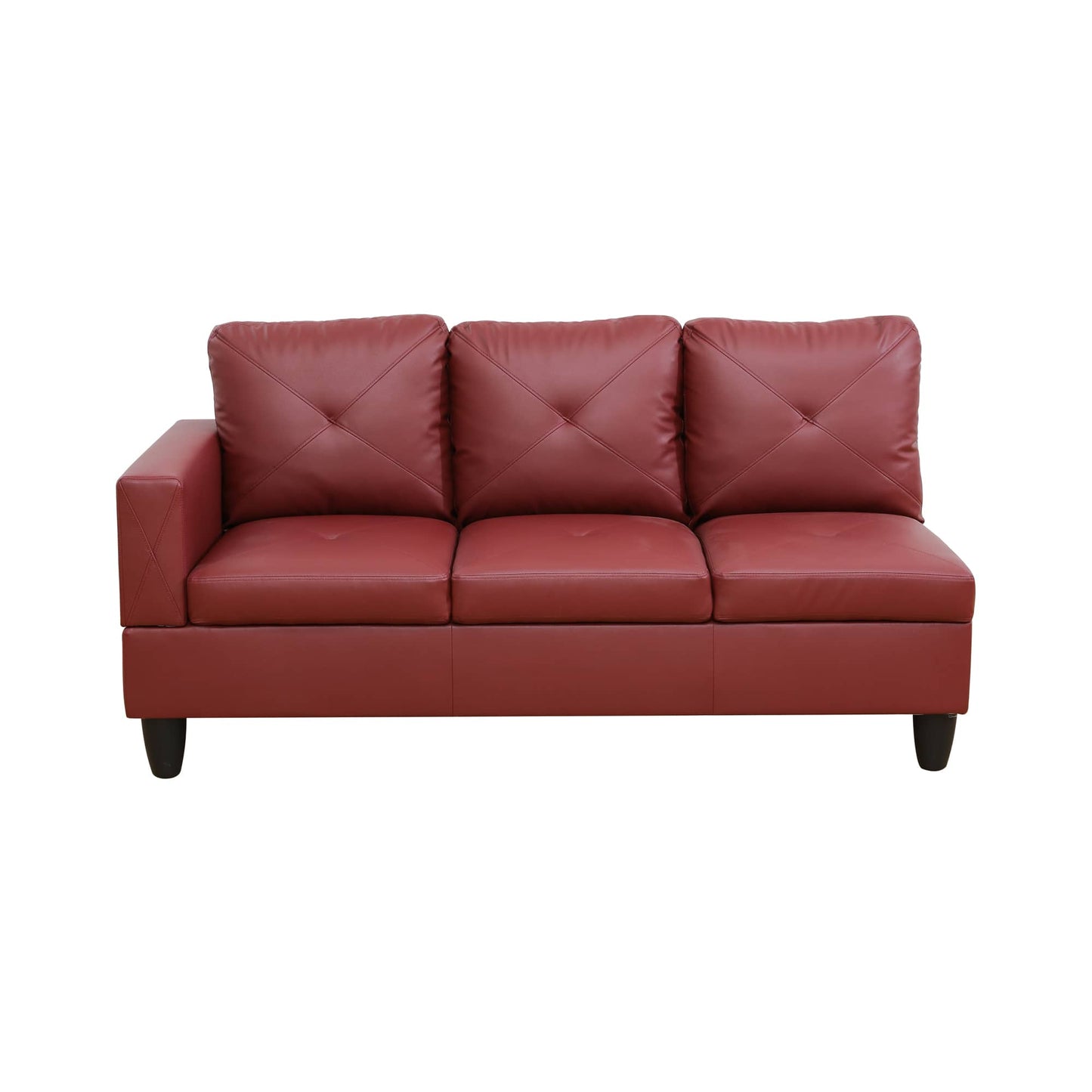 Red leather loveseat with tufted cushions