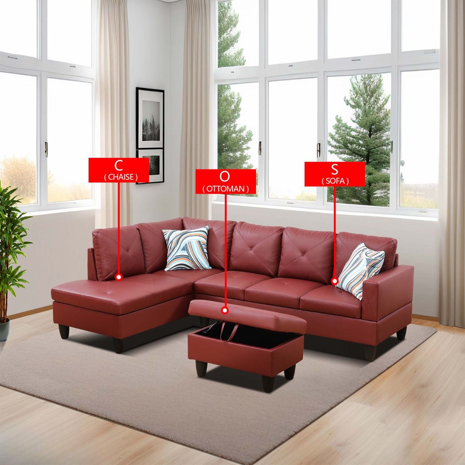 Red leather sectional sofa with storage ottoman