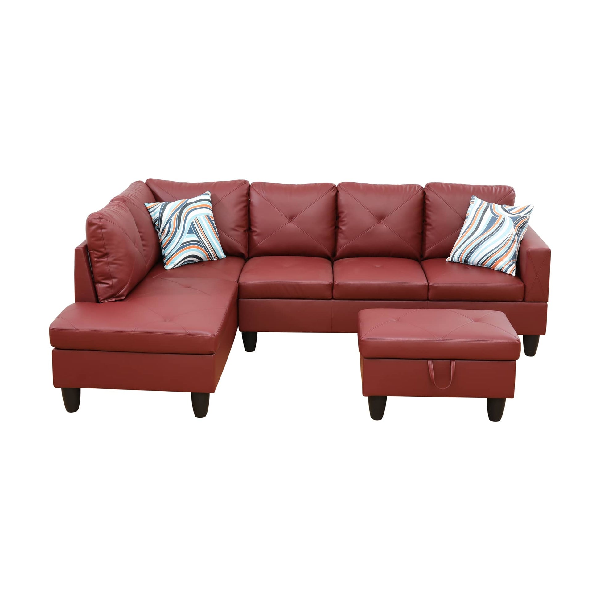 Red leather sectional sofa with storage ottoman