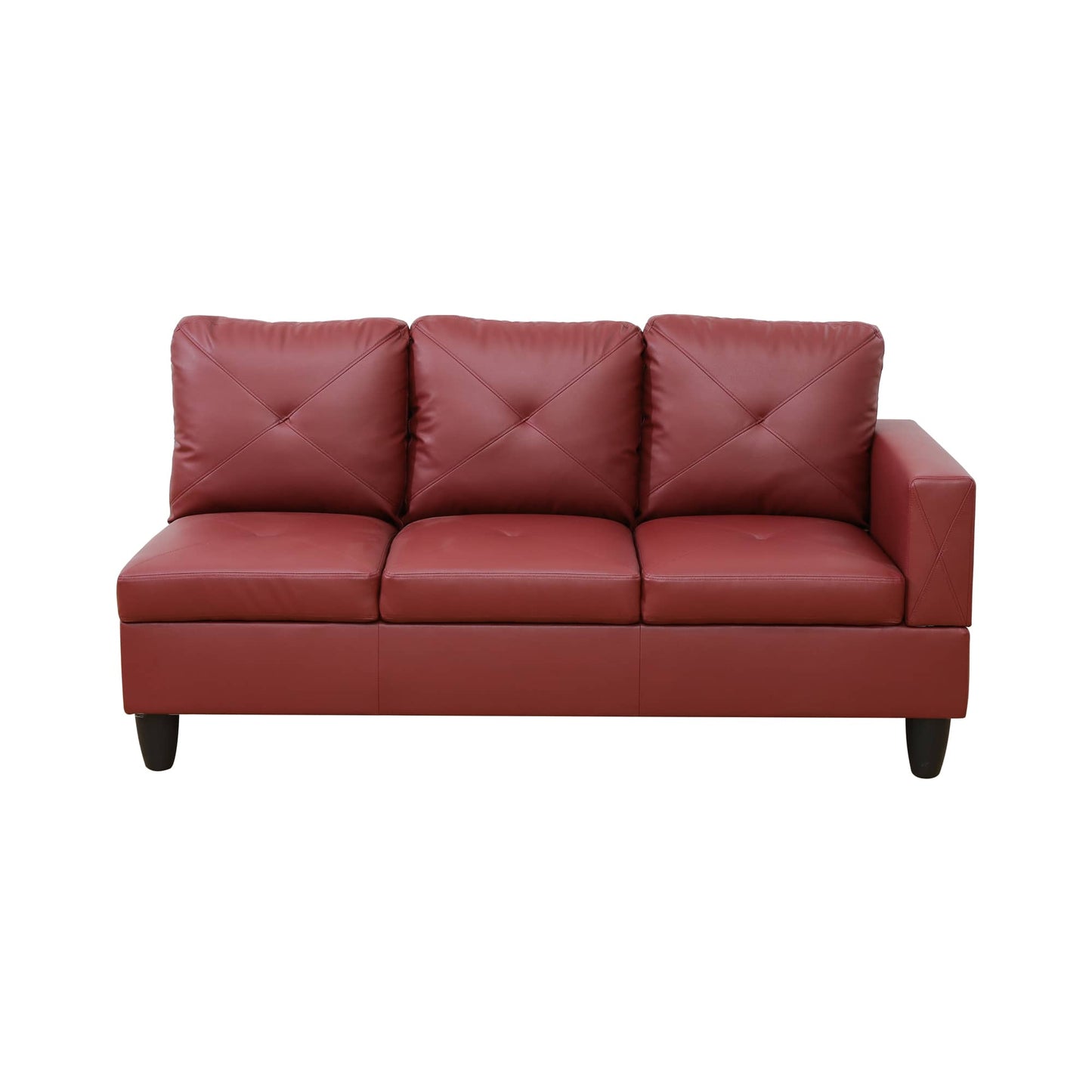 Red tufted faux leather sectional sofa with three seat cushions