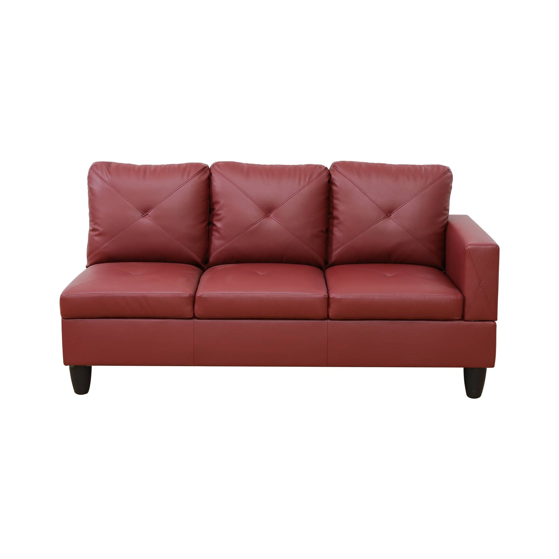 Red tufted faux leather sectional sofa with three seat cushions