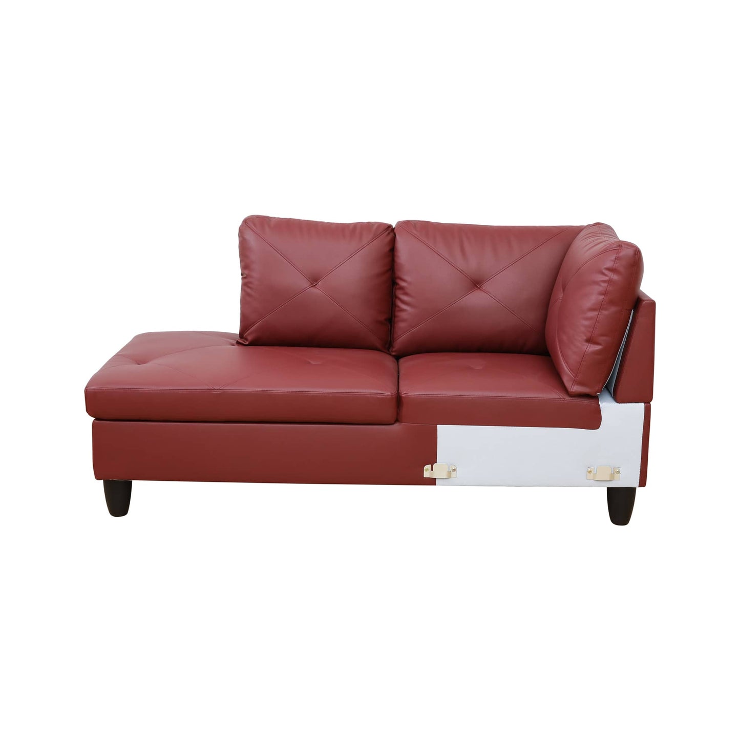 Red faux leather sectional sofa with tufted cushions