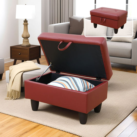 Red tufted storage ottoman with open lid revealing pillow