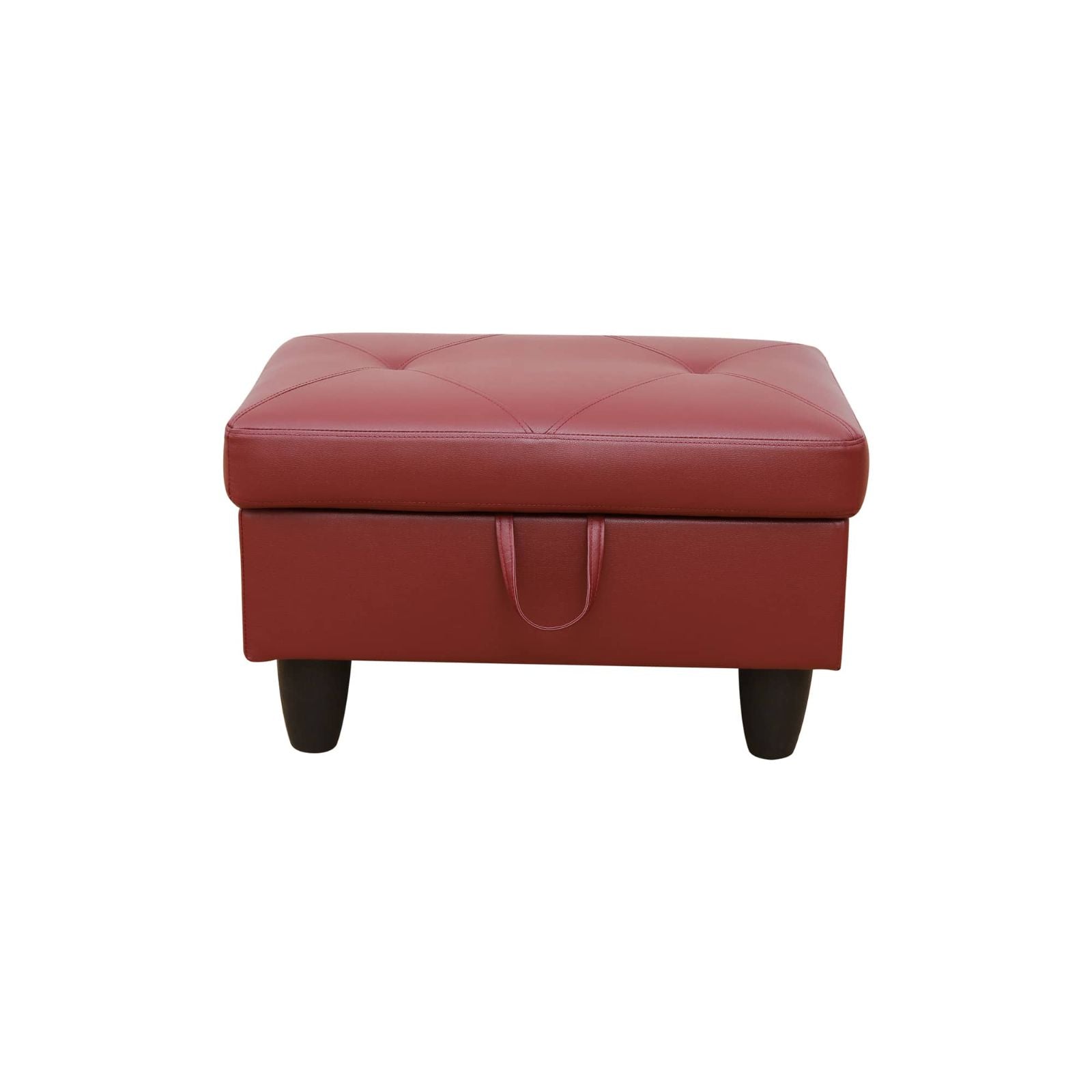 Red tufted leather storage ottoman with dark wood legs