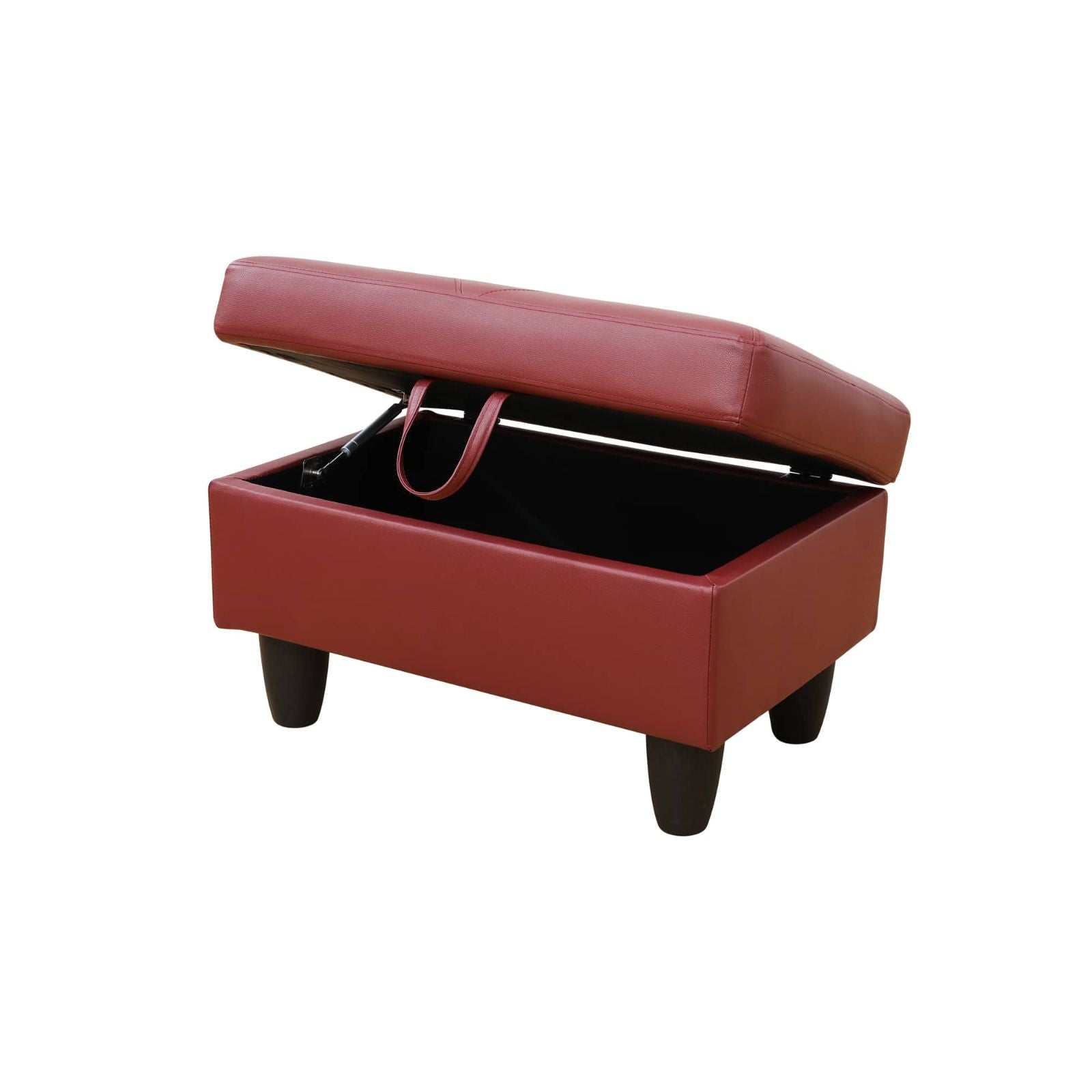 Red faux leather storage ottoman with hinged lid