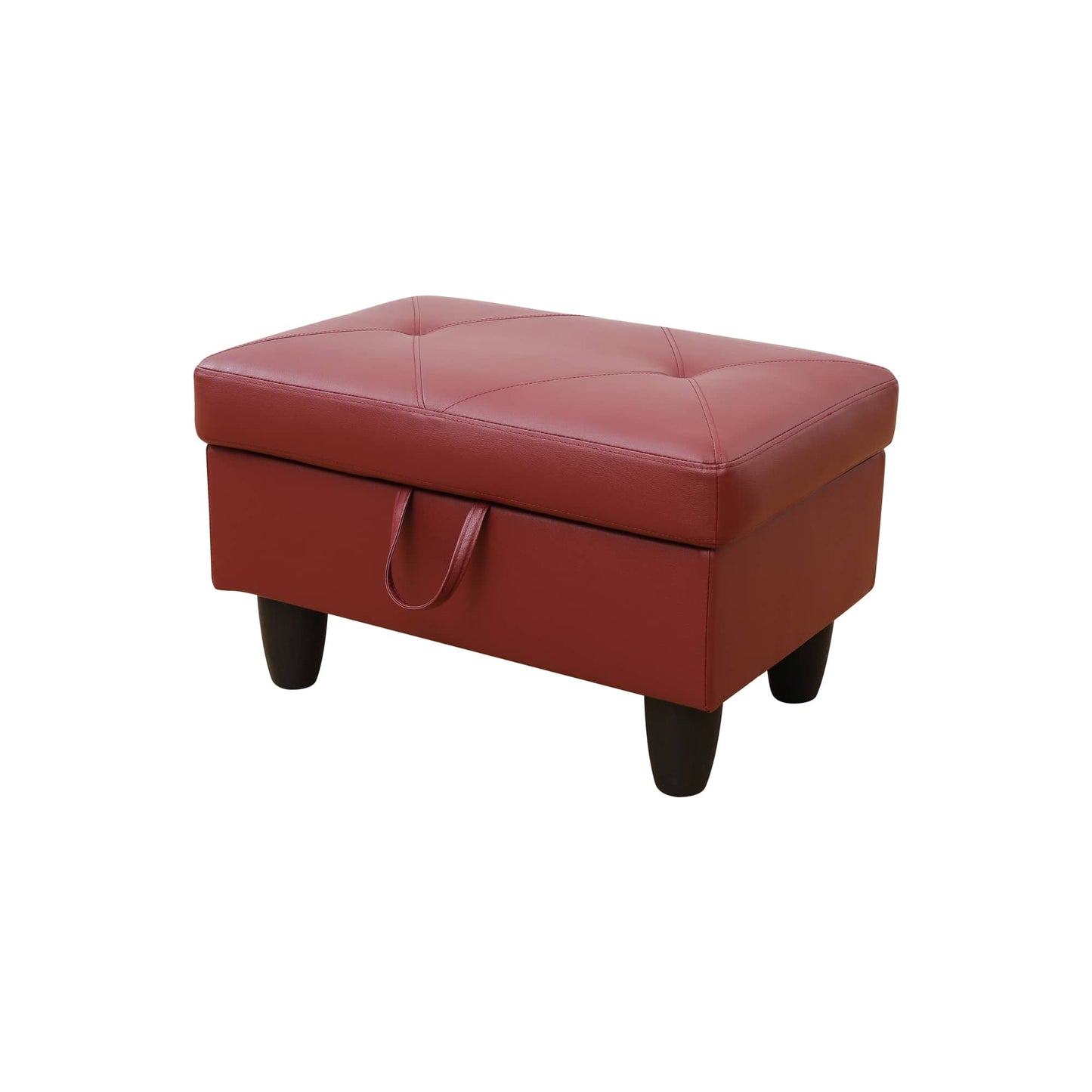 Red tufted faux leather storage ottoman with dark wood legs and convenient side handle
