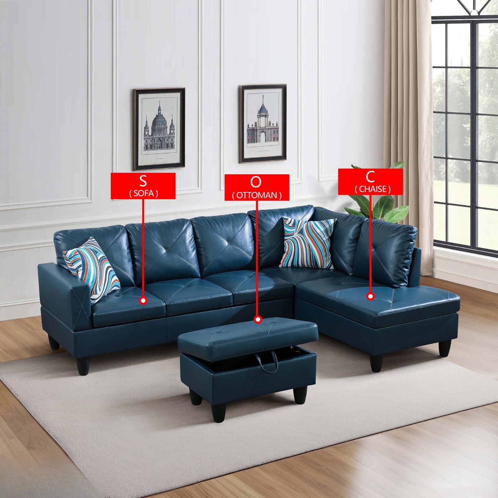 Deep blue faux leather sectional sofa with diamond tufting and chrome legs