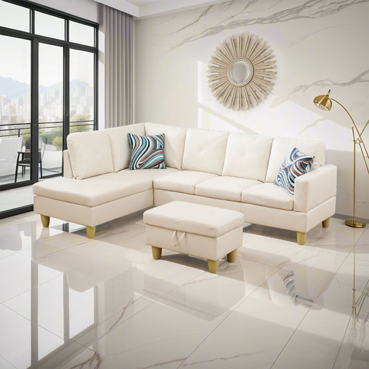 Cream leather sectional sofa with patterned throw pillows and matching ottoman