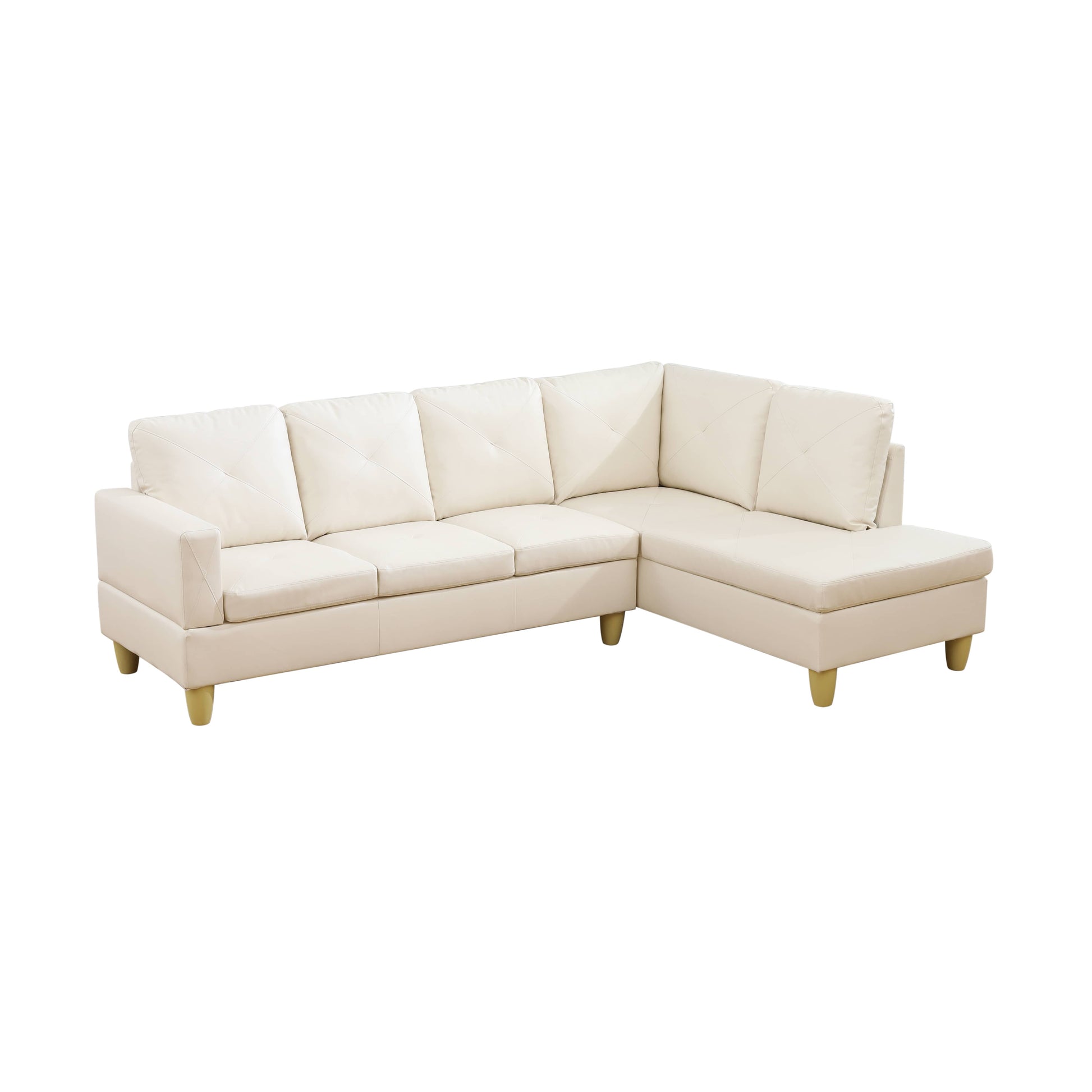 Cream leather sectional sofa with diamond tufting and wooden legs