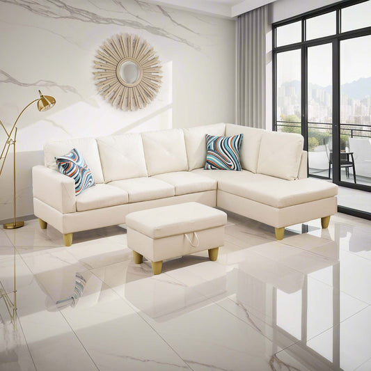 Cream leather sectional sofa with contemporary design and patterned accent pillows
