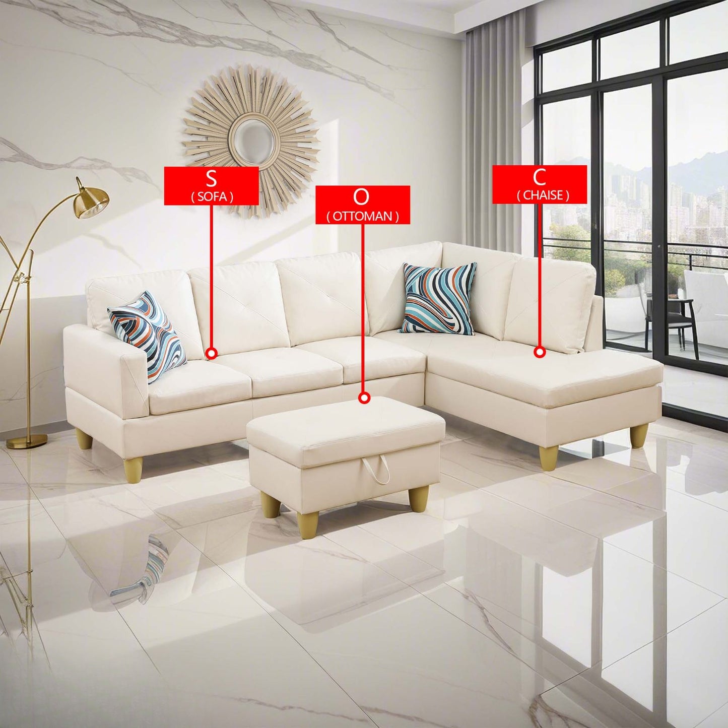 Cream sectional sofa with matching ottoman and decorative pillows
