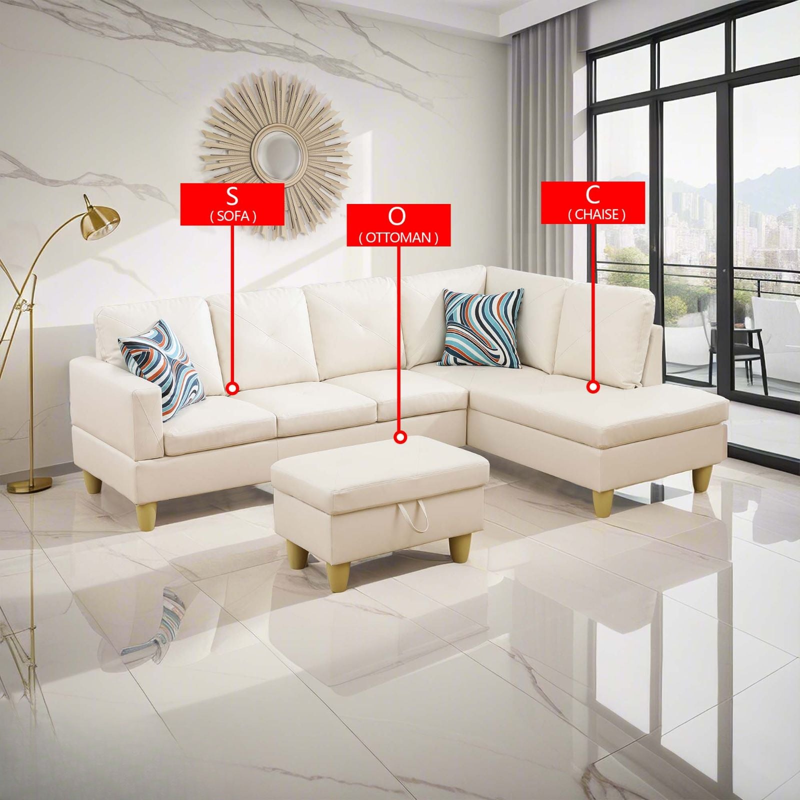 Cream sectional sofa with matching ottoman and decorative pillows