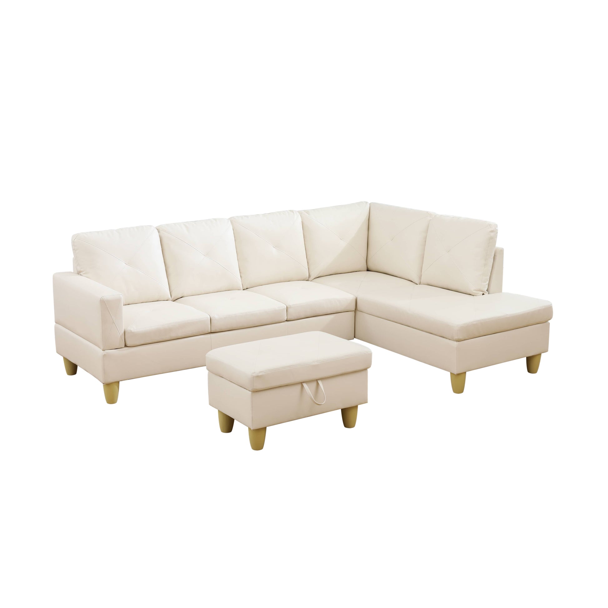 Cream faux leather sectional sofa with diamond tufting and matching ottoman