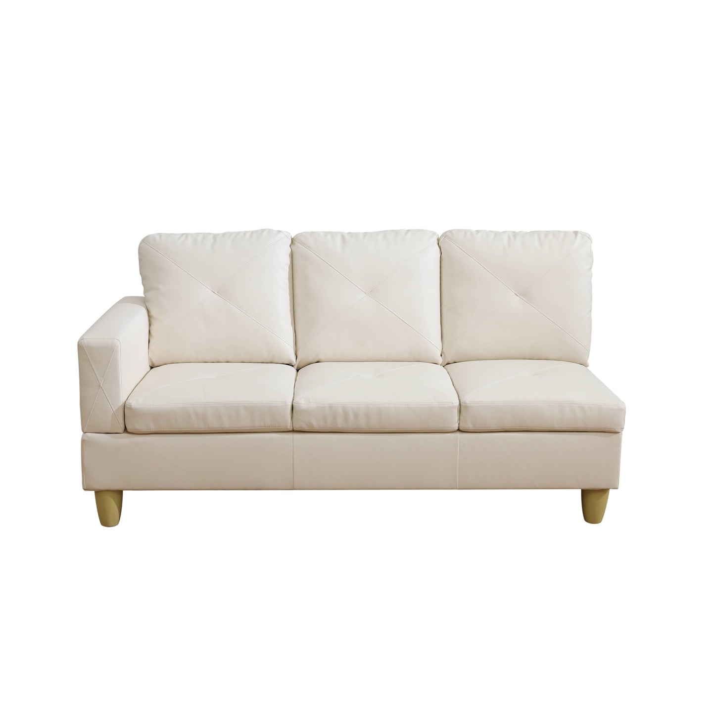 Cream faux leather sectional sofa with diamondstitched cushions and tapered wooden legs