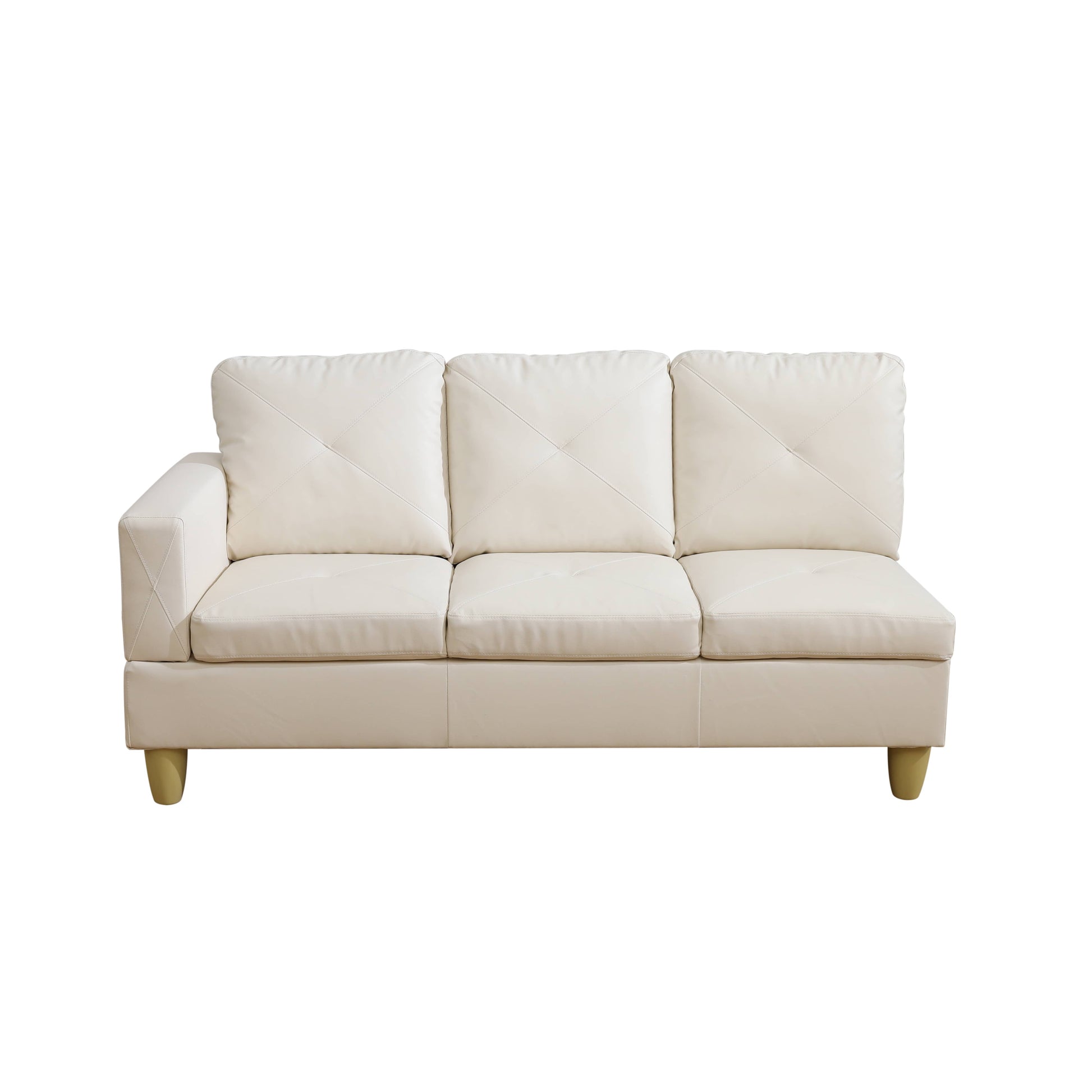 Cream faux leather sectional sofa with diamondstitched cushions and tapered wooden legs