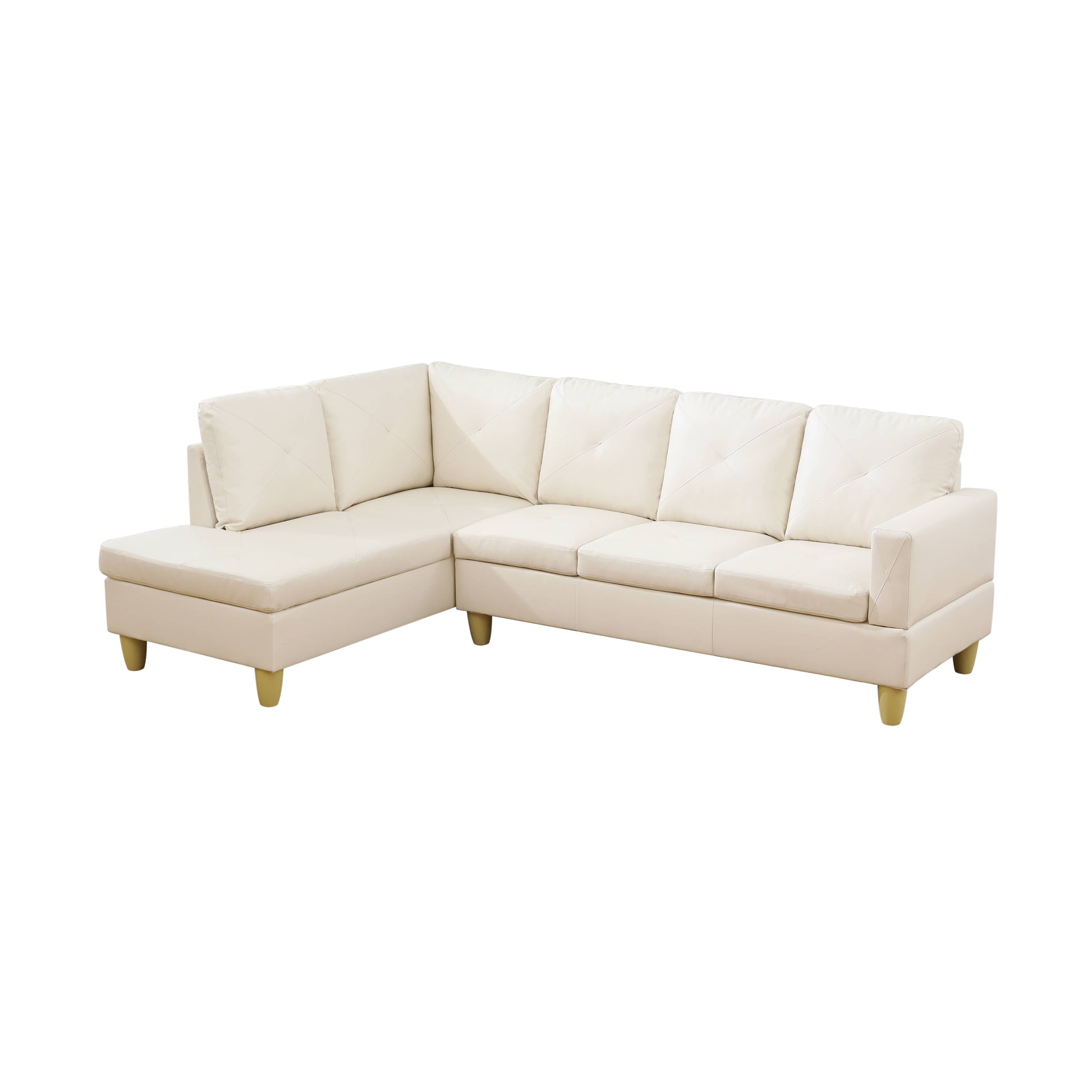 Cream leather sectional sofa with tufted cushions and modern wooden legs