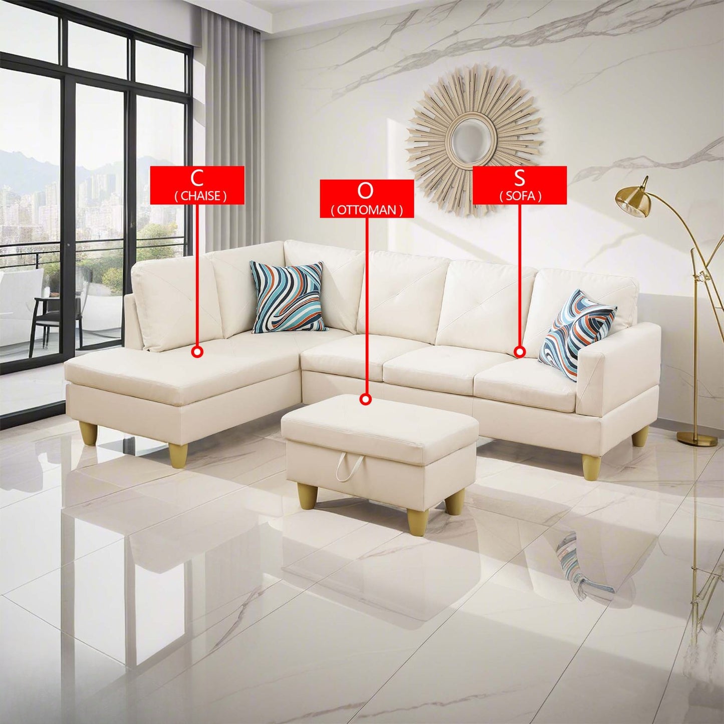 Cream sectional sofa with chaise and ottoman in a modern living room setting
