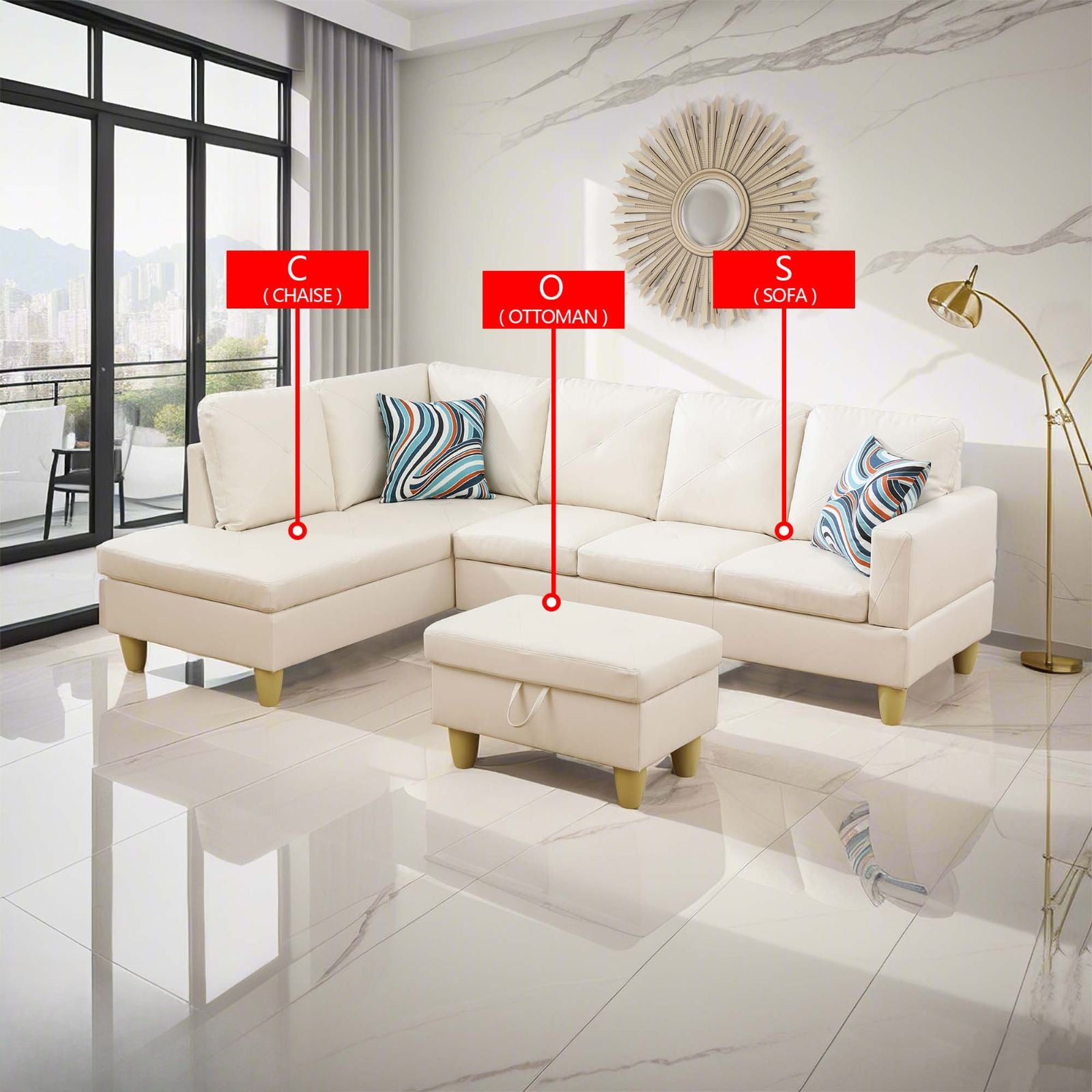 Cream sectional sofa with chaise and ottoman in a modern living room setting
