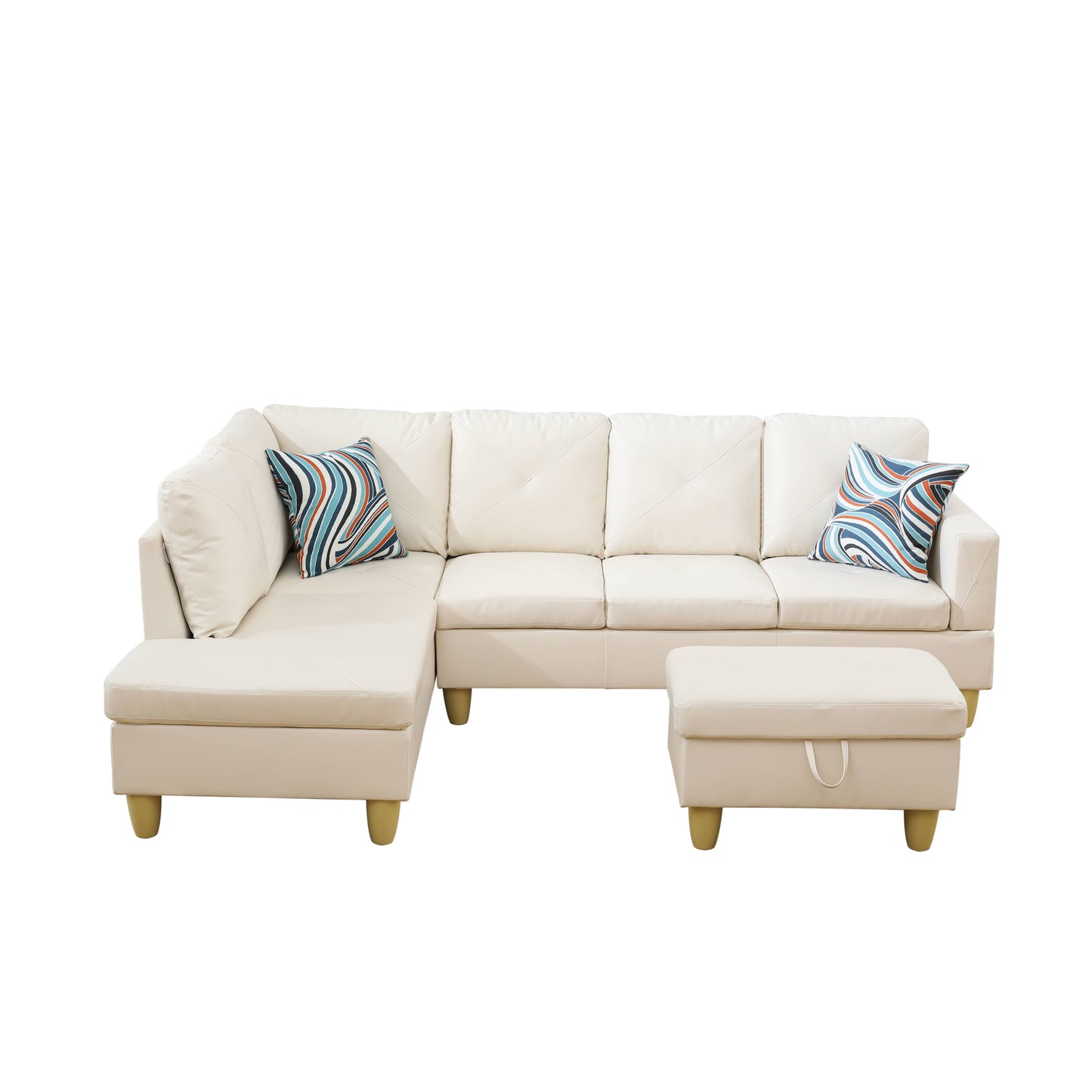 Cream sectional sofa with chevron pillows and storage ottoman