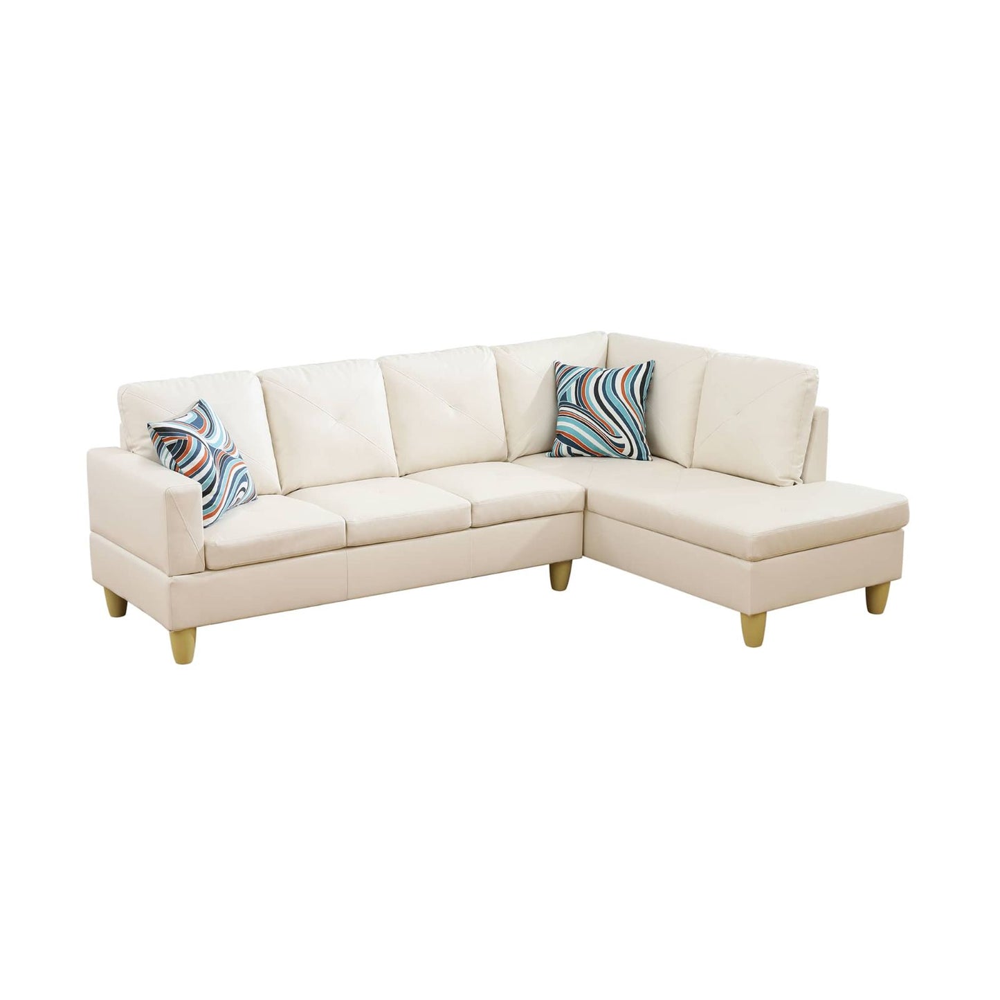 Cream sectional sofa with geometric patterned pillows