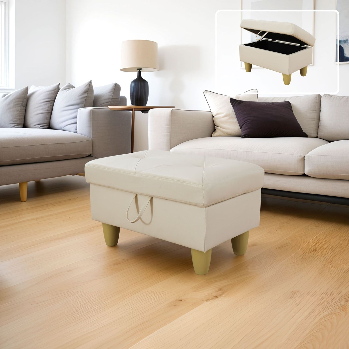 Cream faux leather storage ottoman with stitched lid and light green tapered legs