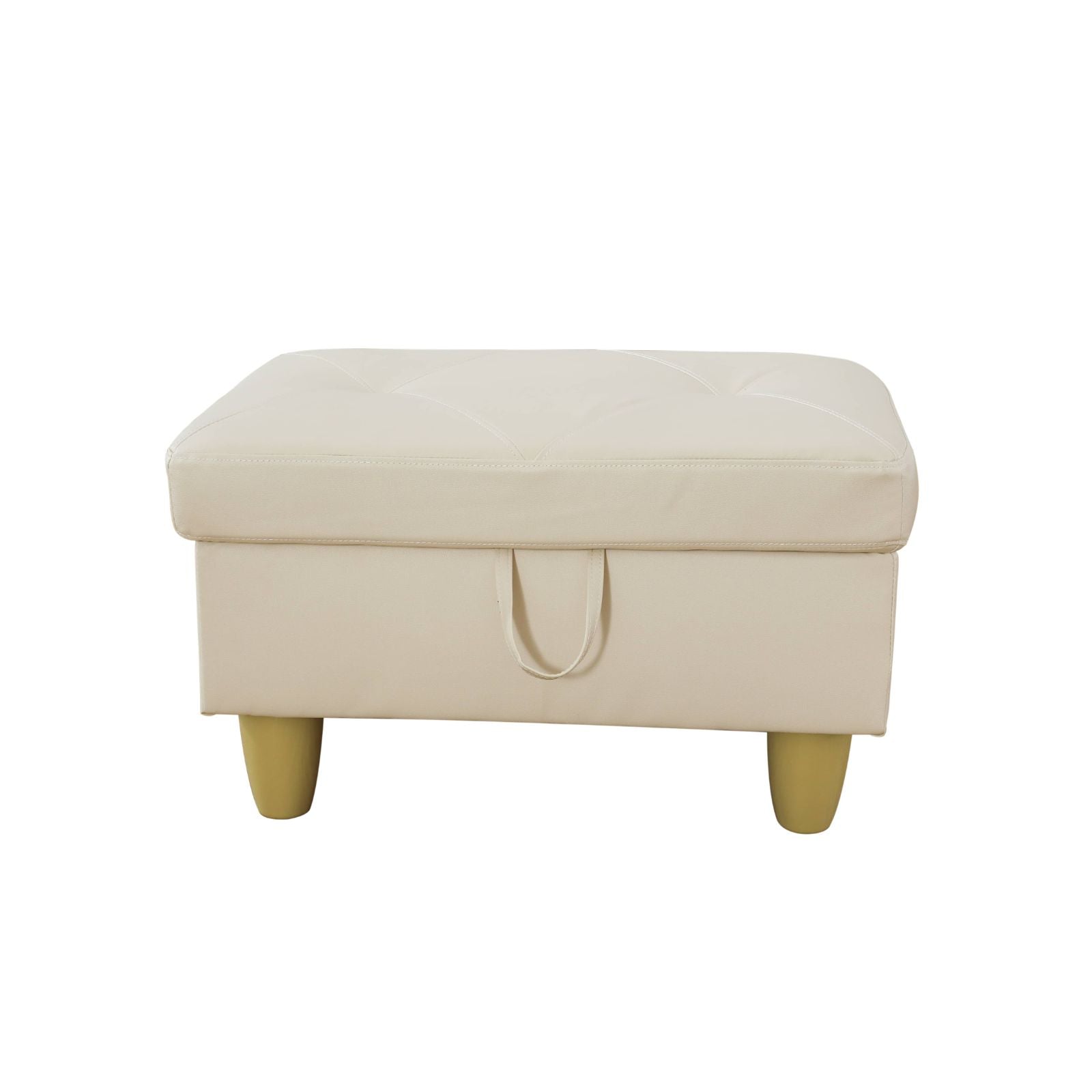 Cream faux leather storage ottoman with diamond tufting
