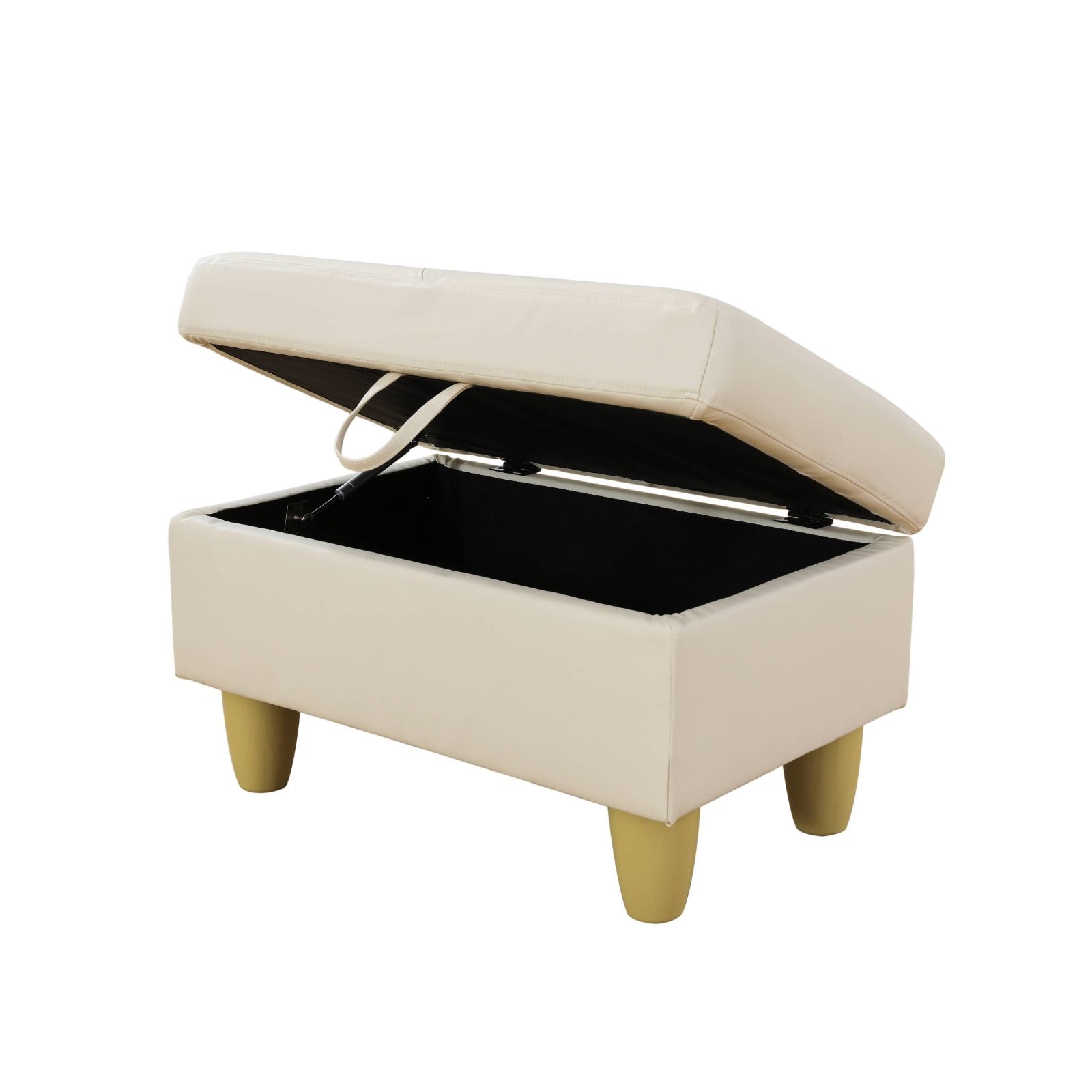 Cream faux leather storage ottoman with lifttop and four tapered wooden legs