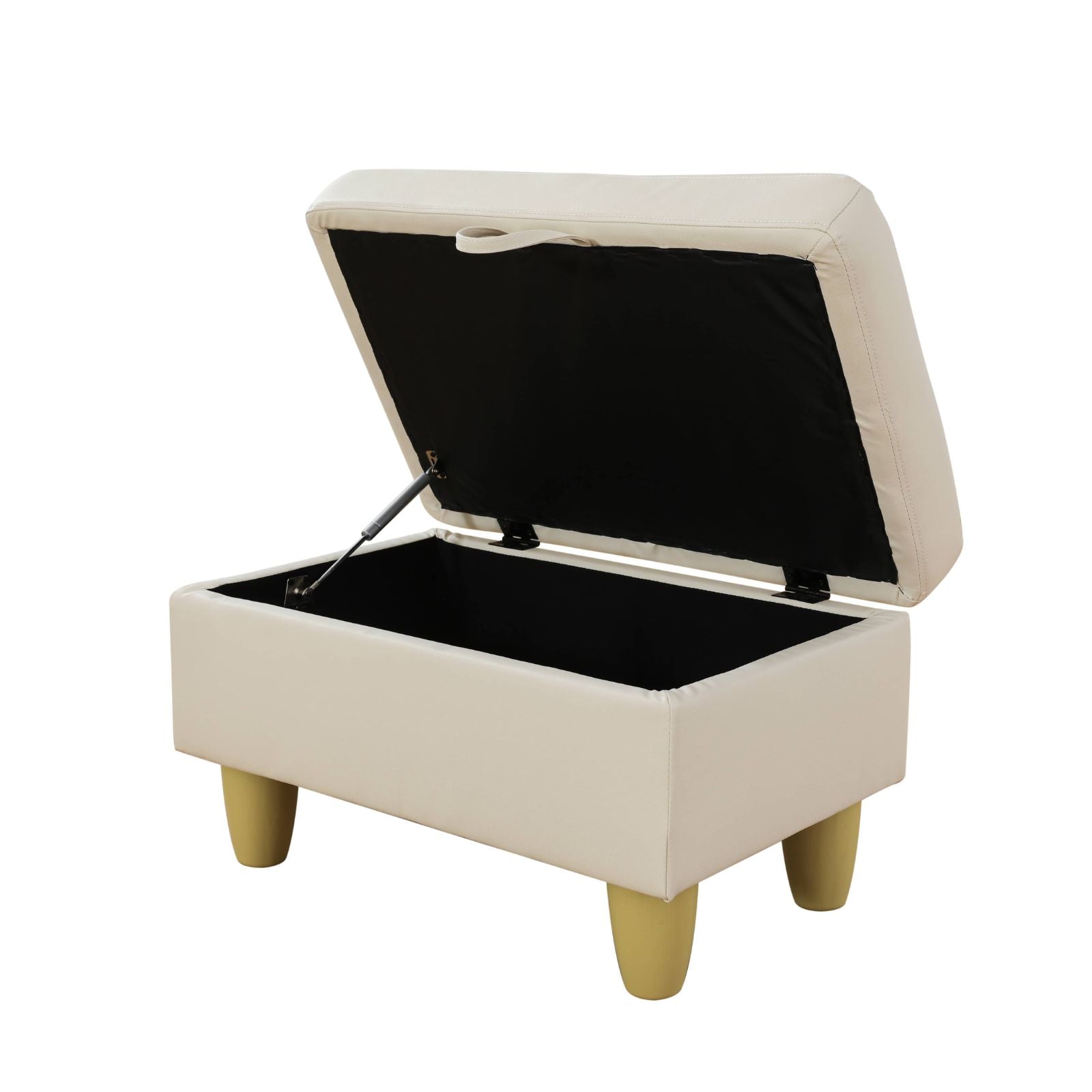 Cream upholstered storage ottoman with black interior and golden wooden legs