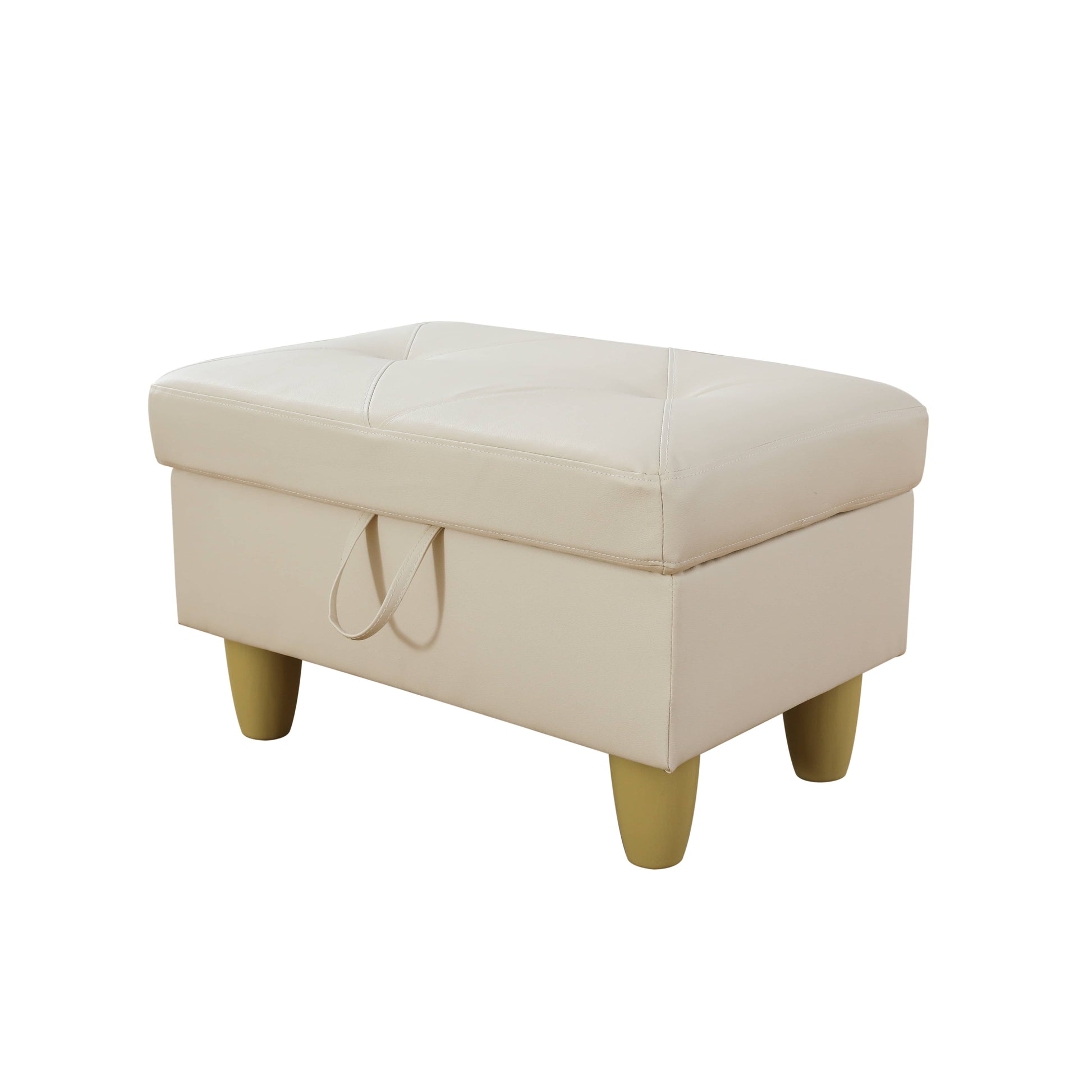 Cream faux leather storage ottoman with tufted top and wooden legs