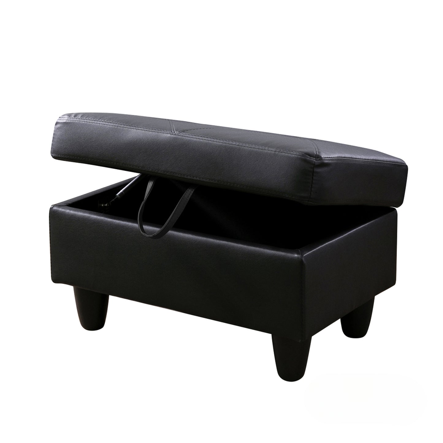Black faux leather storage ottoman with tufted lid open