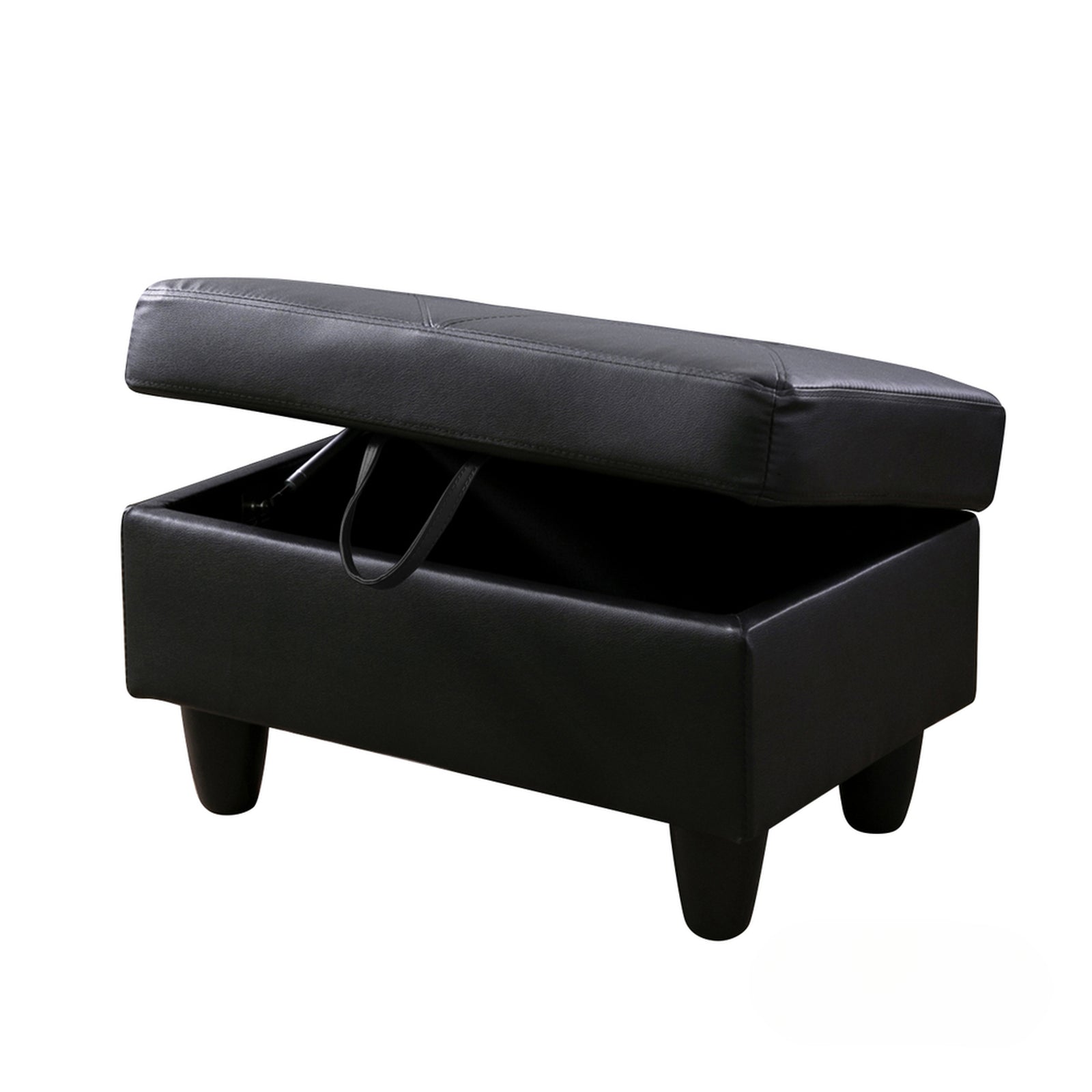 Black faux leather storage ottoman with tufted lid open