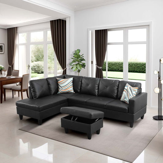 Black leather sectional sofa with tufted cushions and storage ottoman