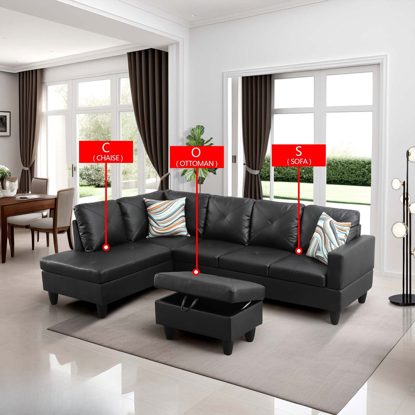 Black faux leather Lshaped sectional sofa with tufted cushions