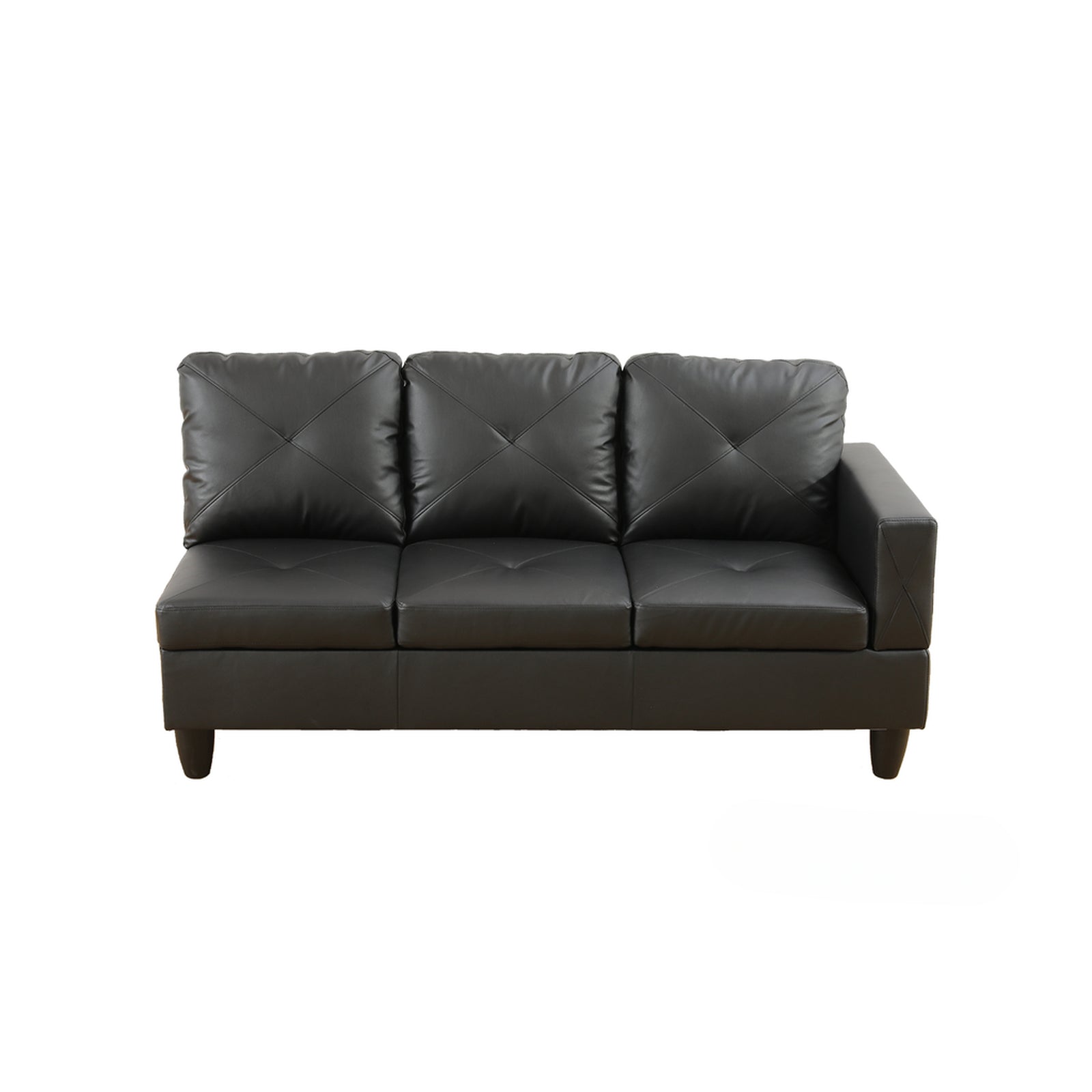 Black faux leather sectional sofa with tufted cushions and armrest