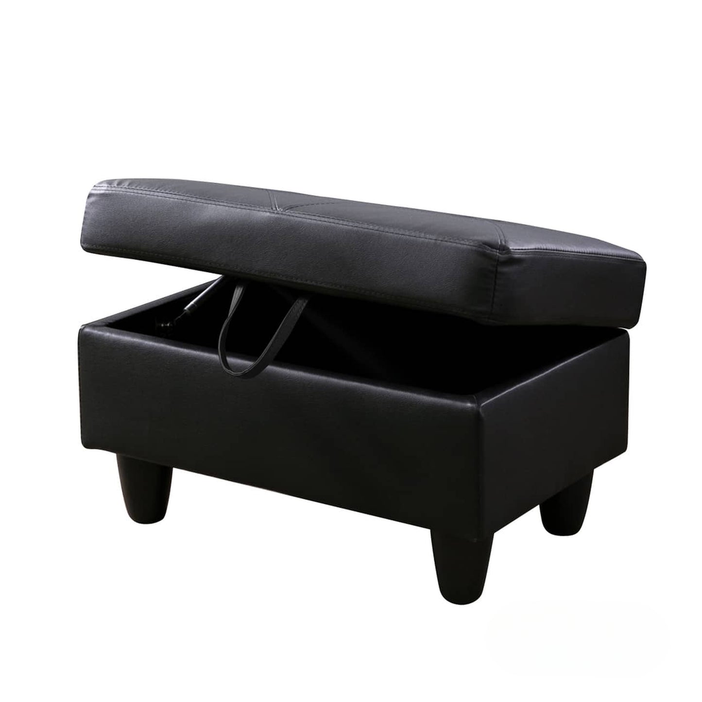 Black faux leather storage ottoman with tufted lid and hidden compartment