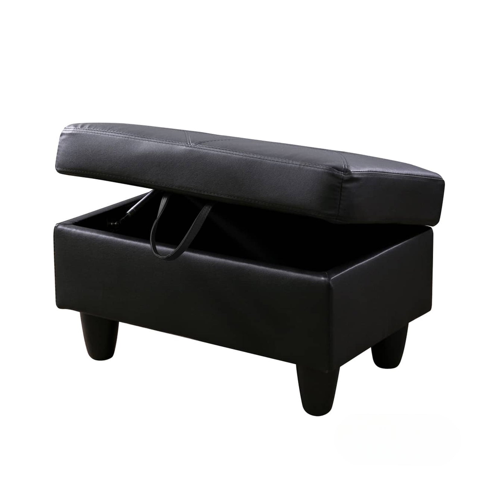 Black faux leather storage ottoman with tufted lid and hidden compartment