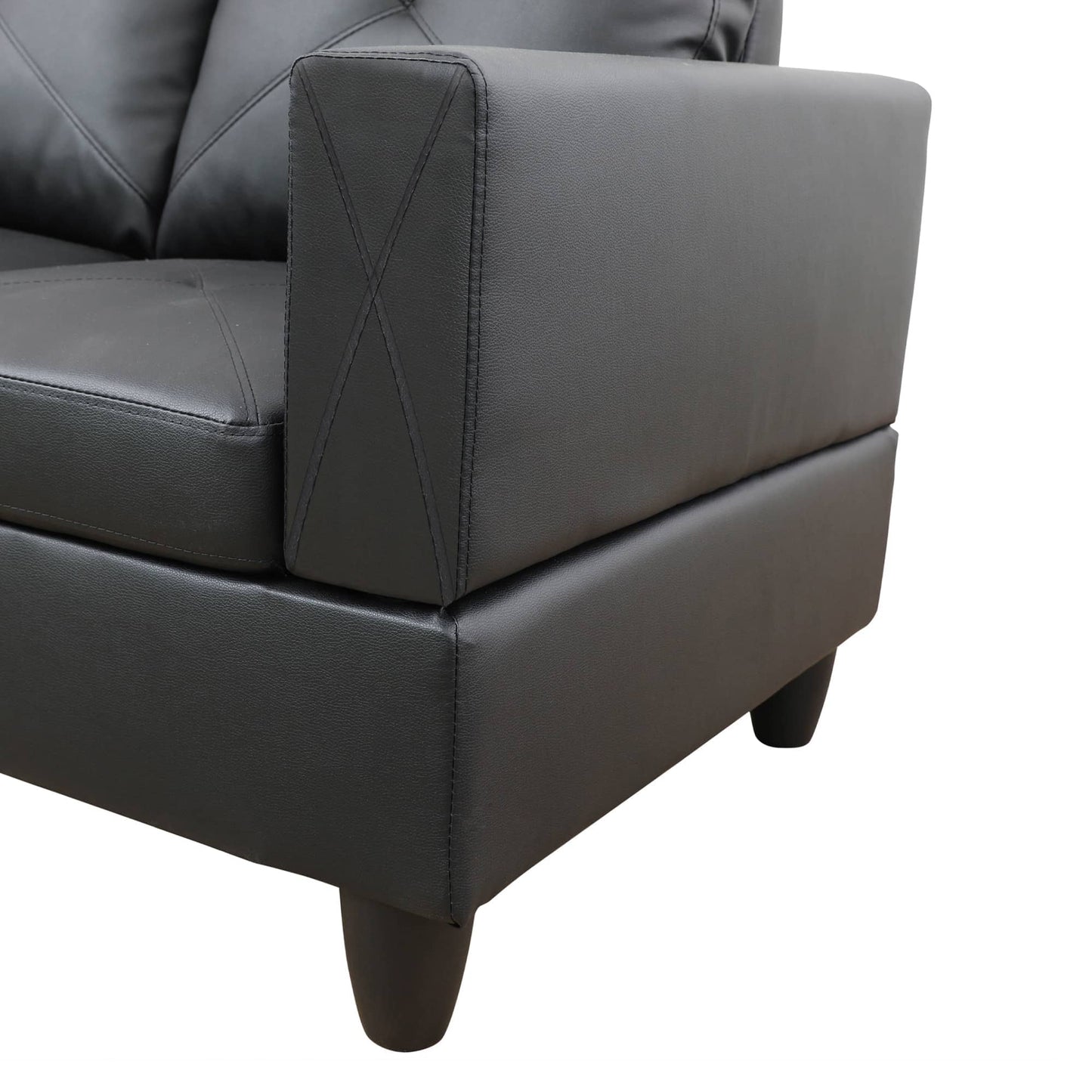 Black faux leather sofa armrest with stitched detail