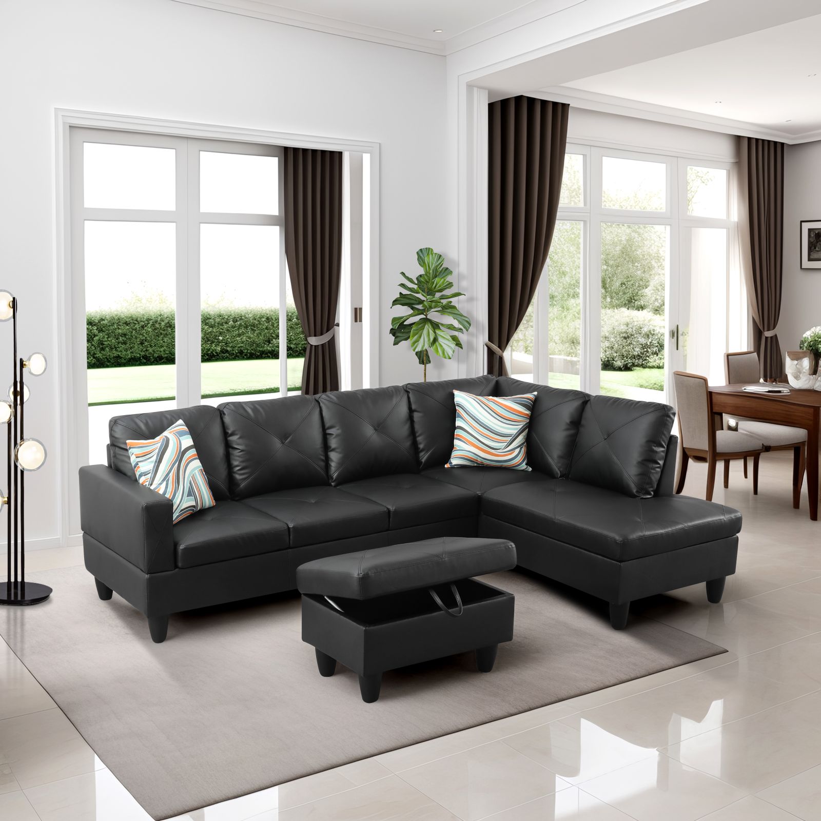 Black leather sectional sofa with tufted cushions and storage ottoman
