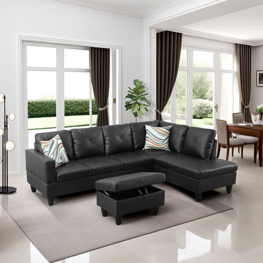 Black leather sectional sofa with tufted cushions and storage ottoman